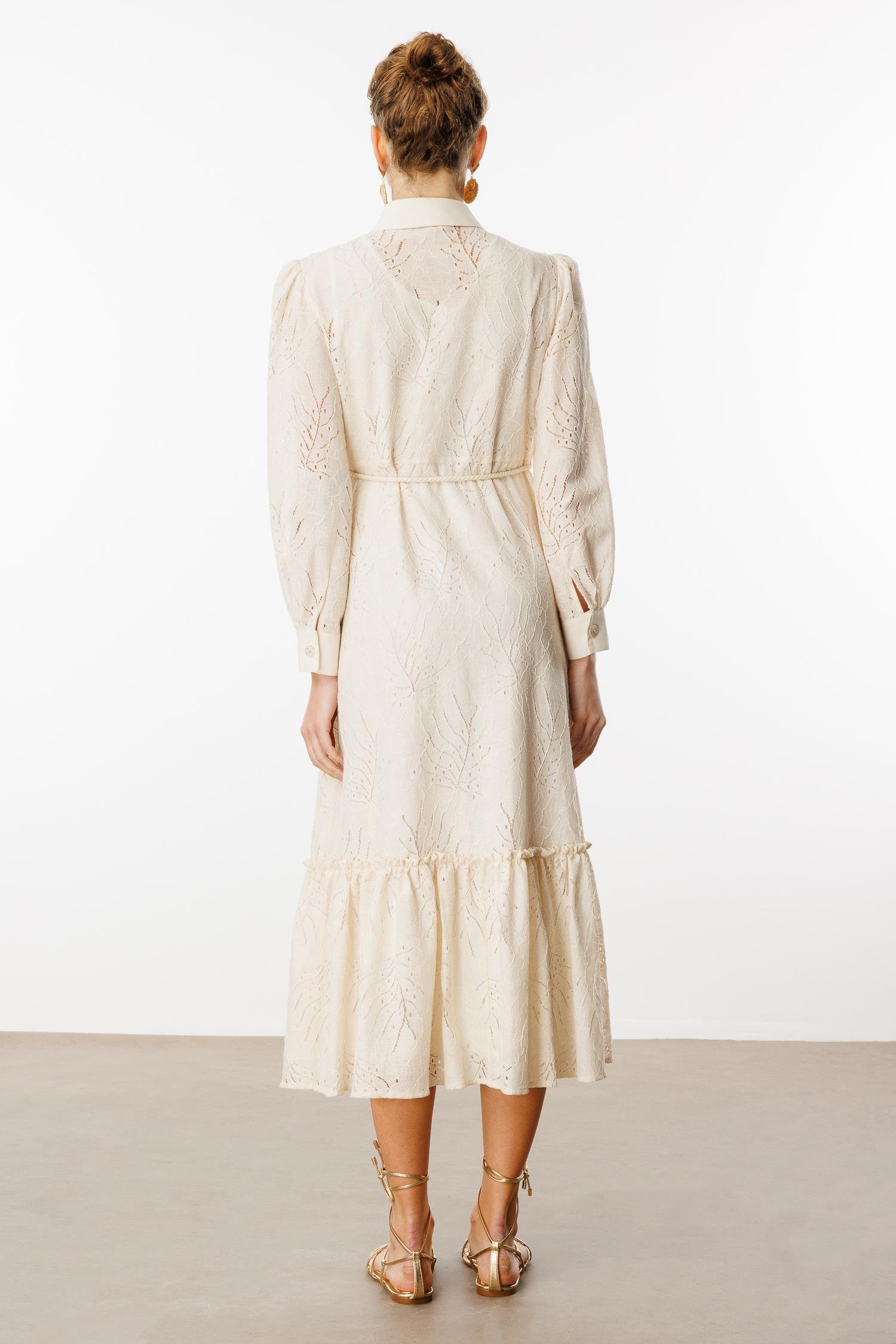 Modailgi  Düz Kumaş Garni Detaylı İşlemeli İçlik Kapamalı Uzun Dantel Elbise Taş