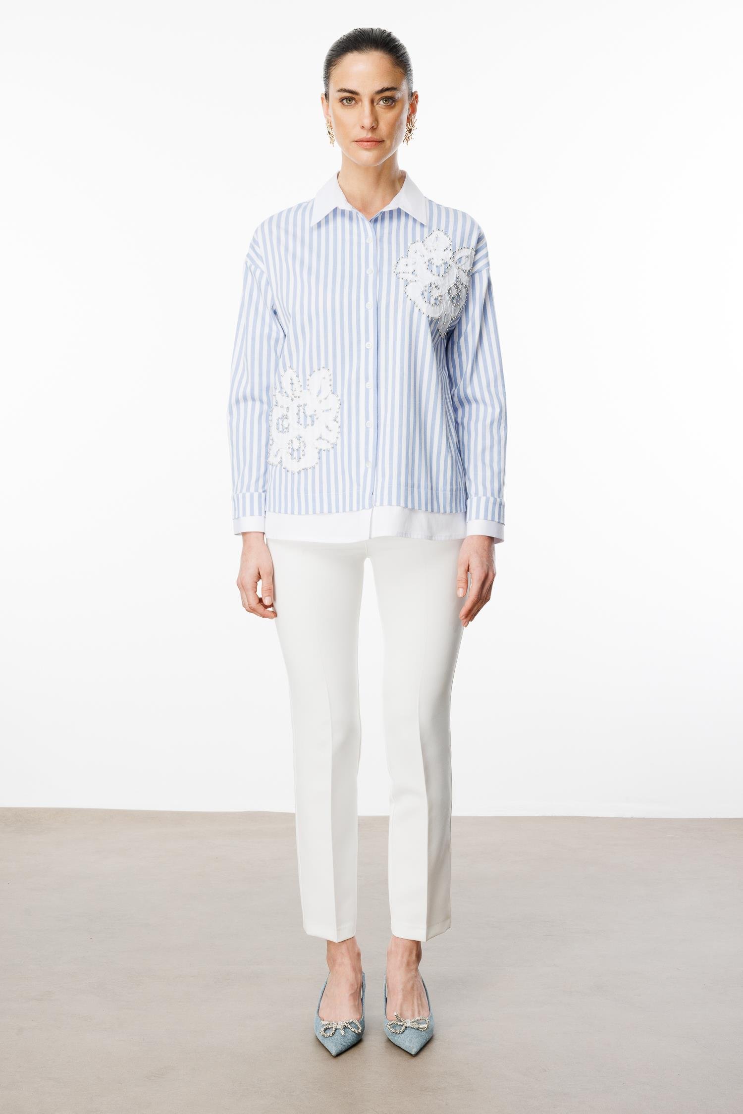 Modailgi  Düz Kumaş Garnili Nakış Aplike ve İnci Detaylı Gömlek Mavi