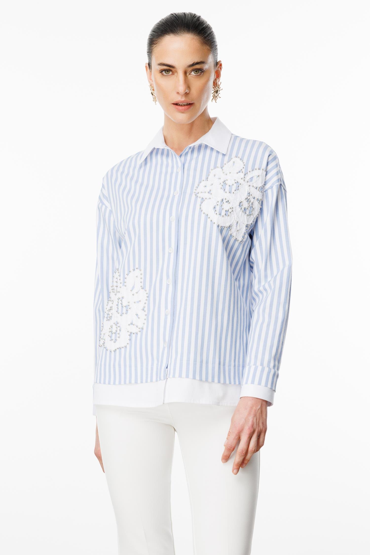 Modailgi  Düz Kumaş Garnili Nakış Aplike ve İnci Detaylı Gömlek Mavi