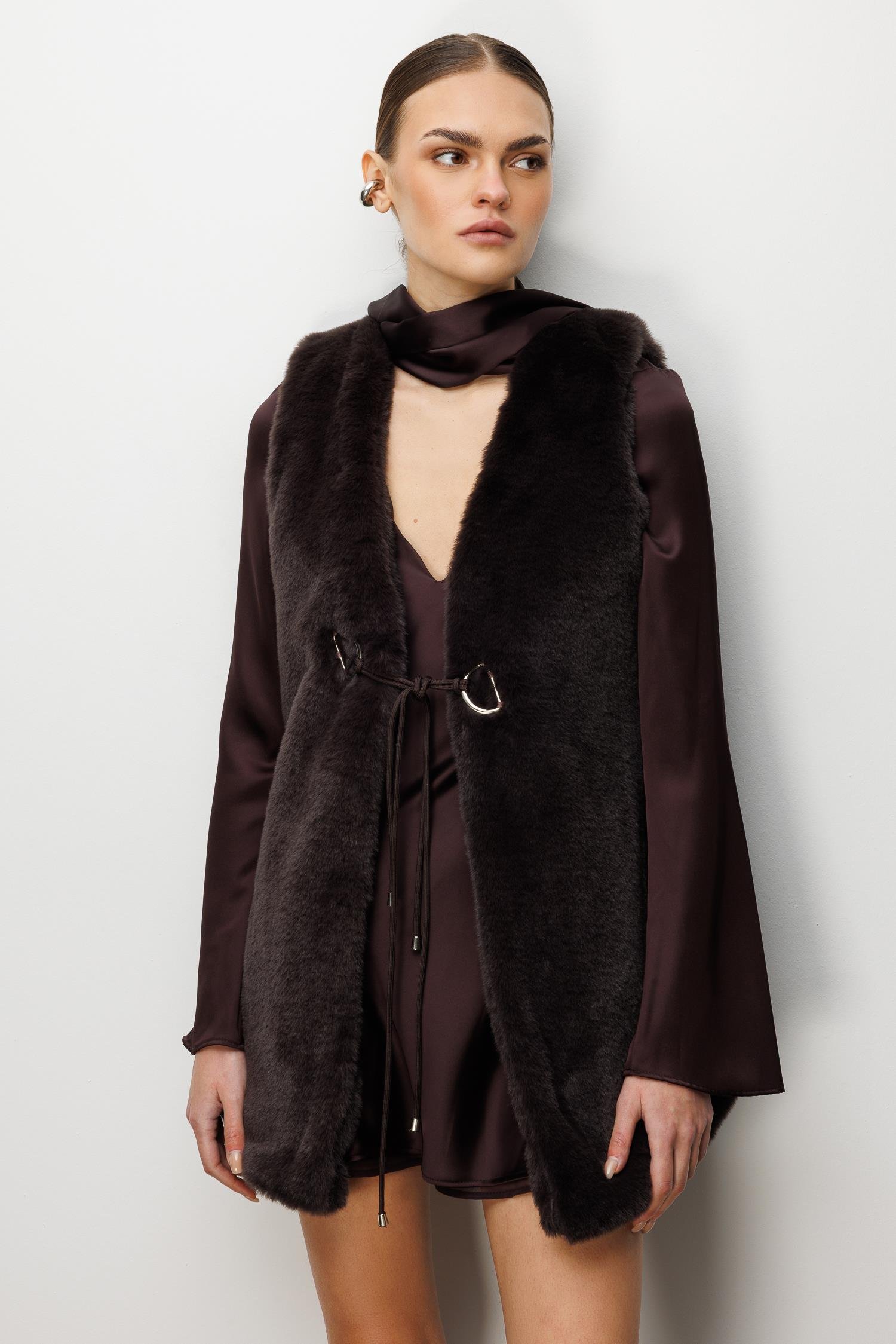 Modailgi  Düz Uzun Peluş Yelek Kahve