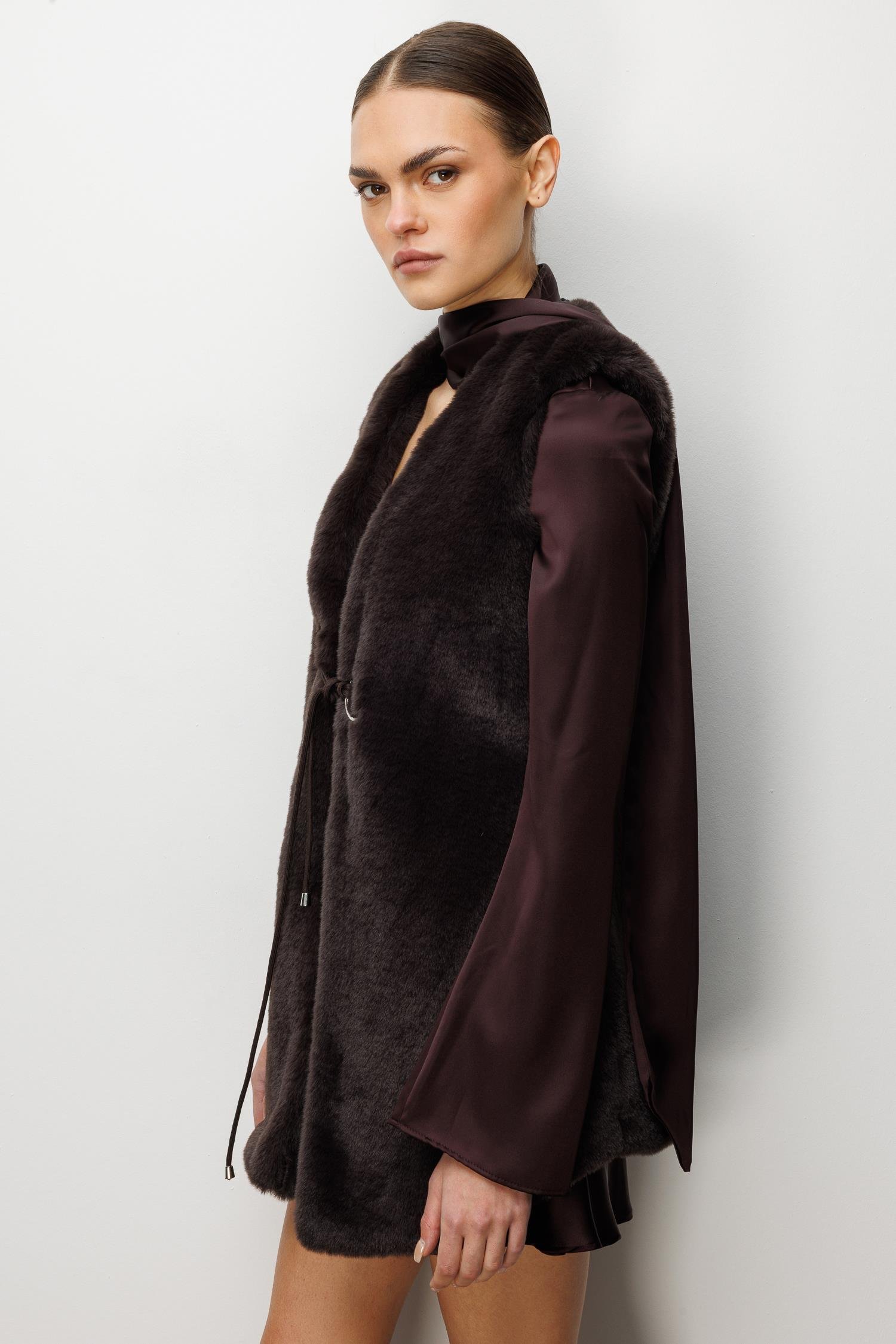 Modailgi  Düz Uzun Peluş Yelek Kahve