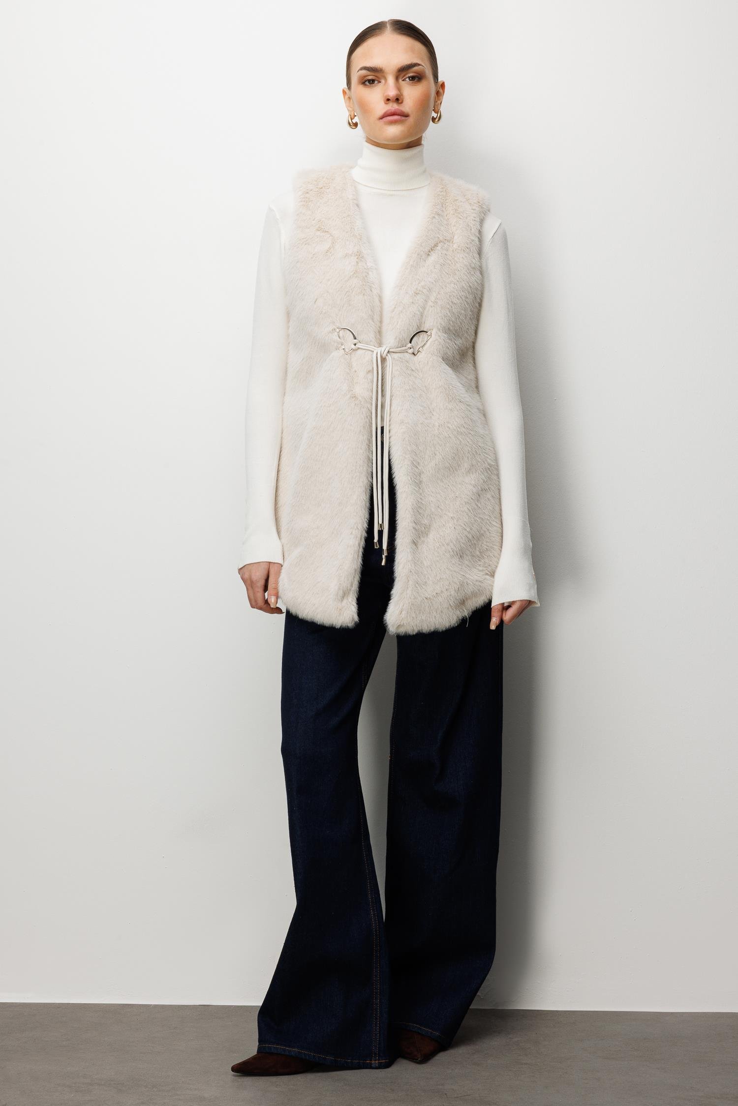 Modailgi  Düz Uzun Peluş Yelek Kemik