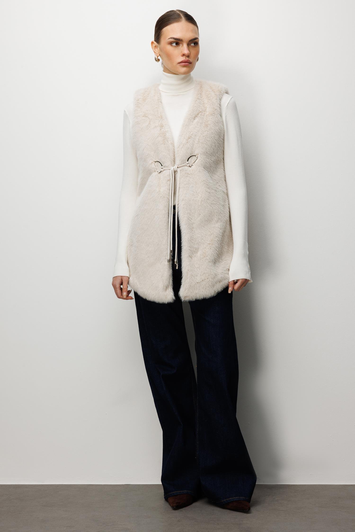 Modailgi  Düz Uzun Peluş Yelek Kemik