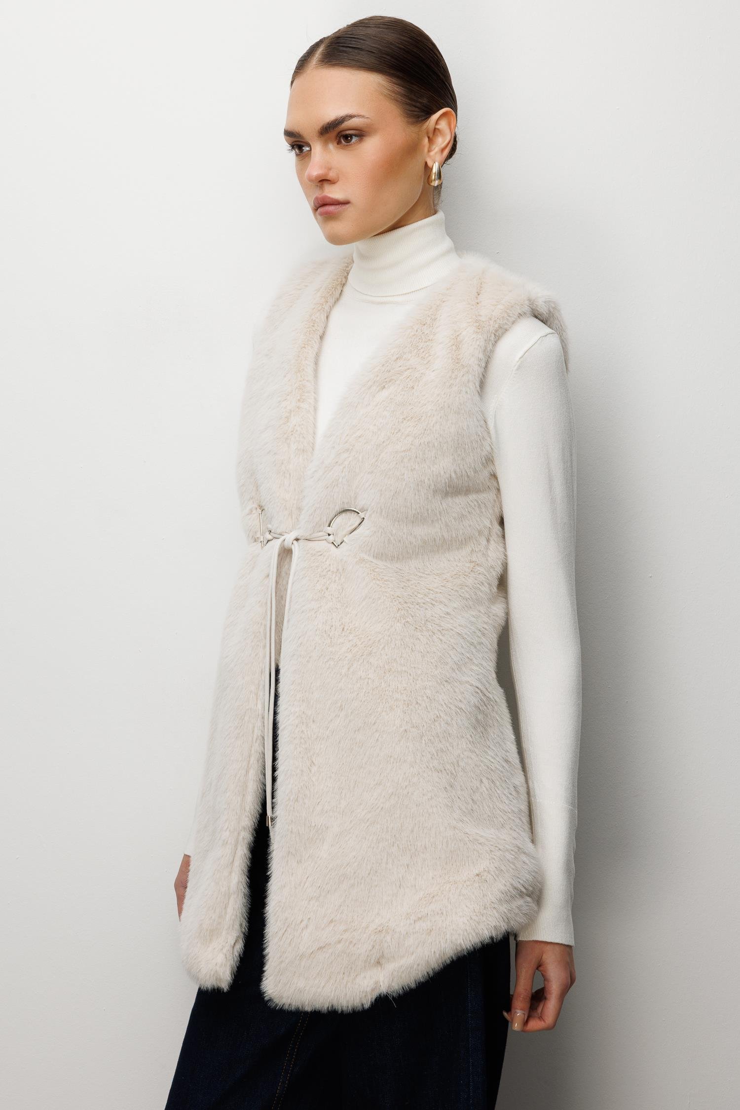 Modailgi  Düz Uzun Peluş Yelek Kemik