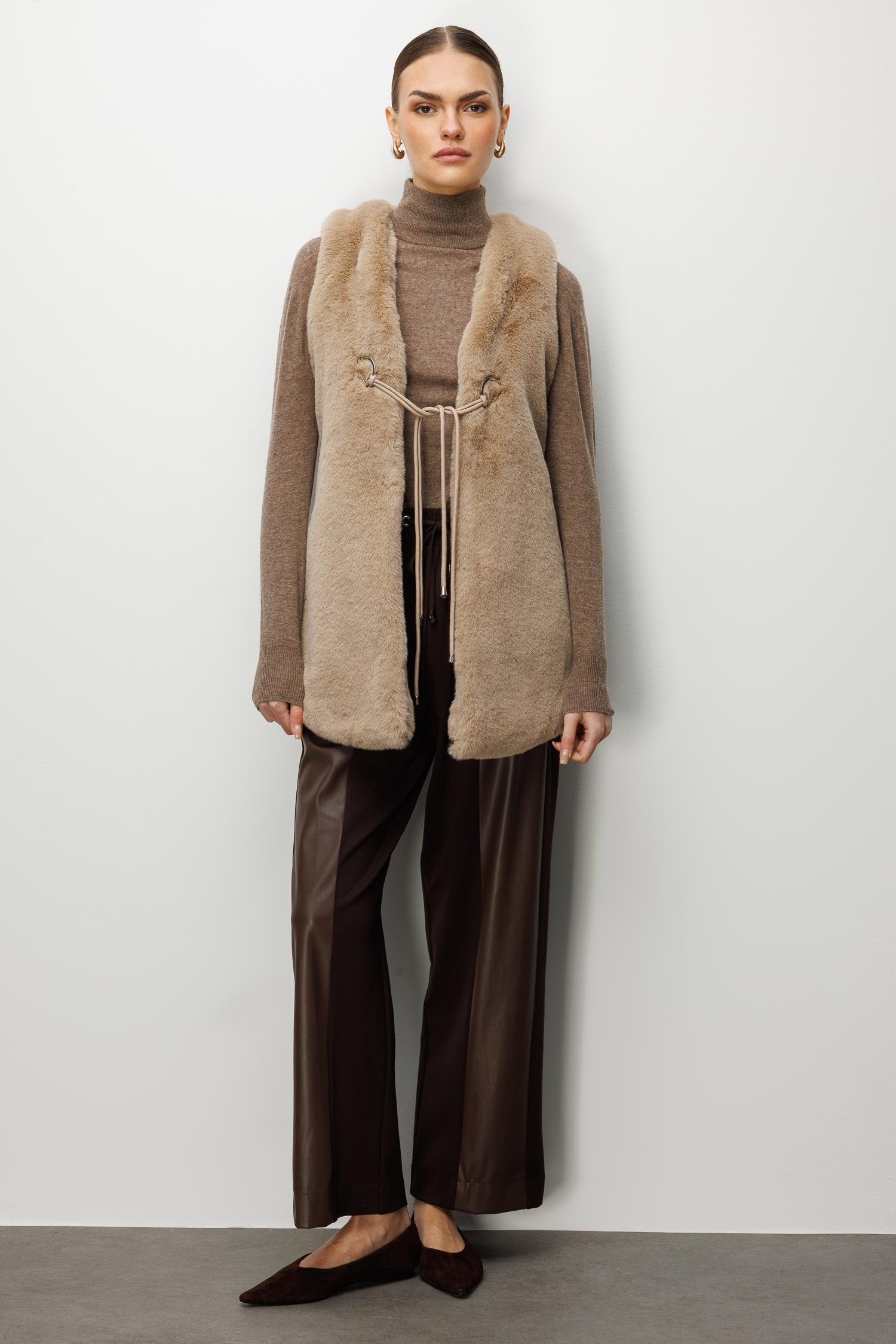 Modailgi  Düz Uzun Peluş Yelek Vizon