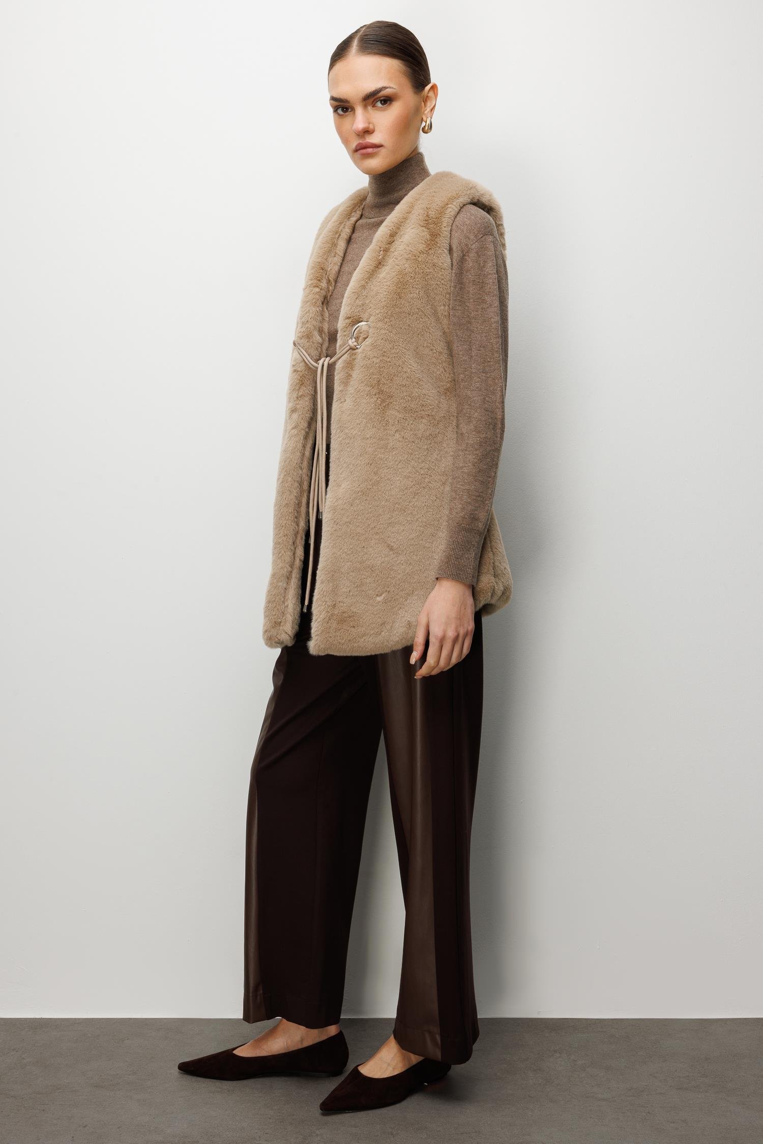 Modailgi  Düz Uzun Peluş Yelek Vizon