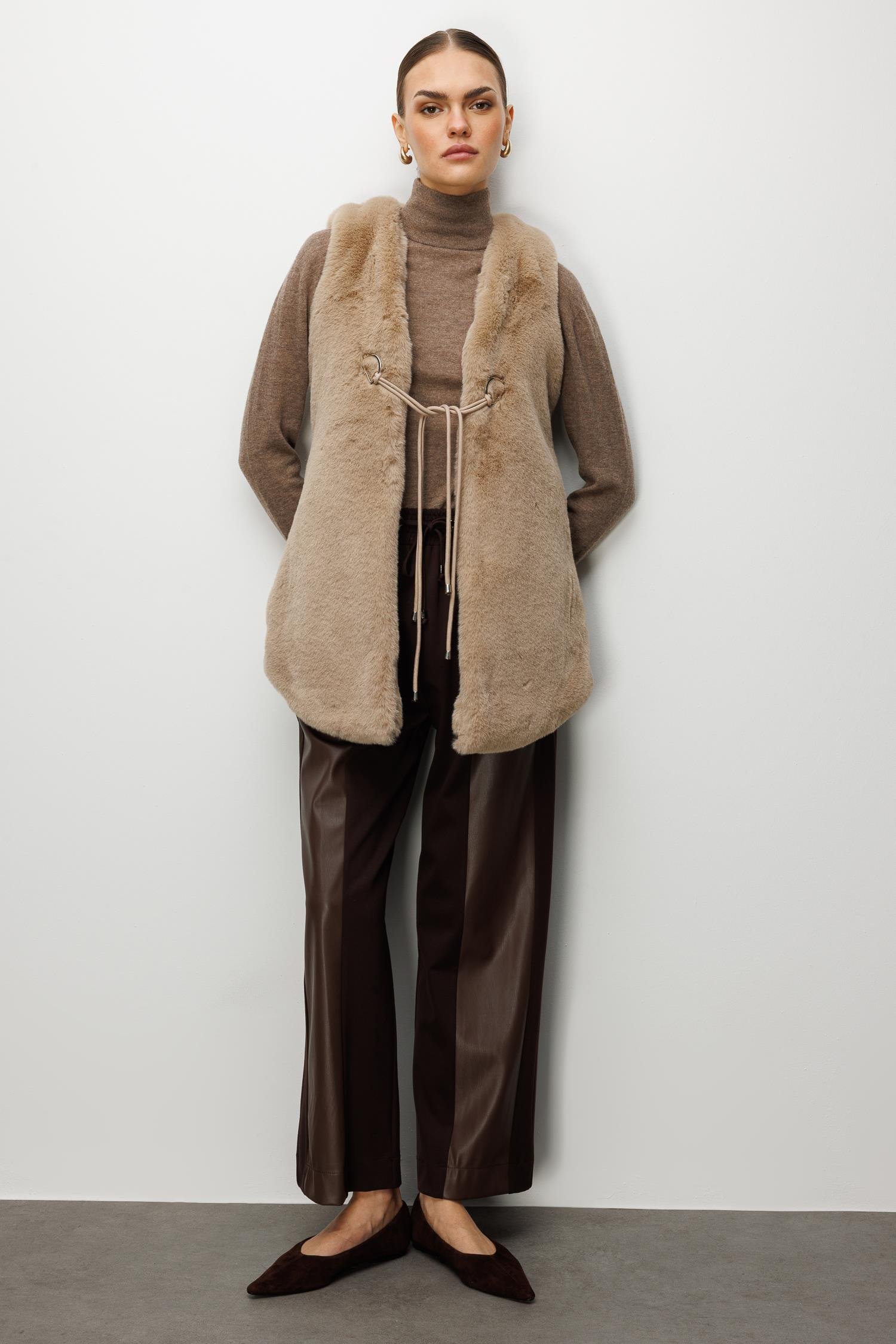 Modailgi  Düz Uzun Peluş Yelek Vizon