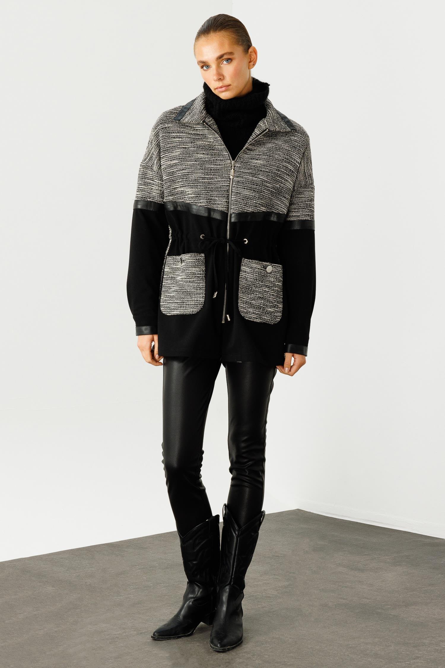 Modailgi  Düz ve Deri Kumaş Garnili Dik Yakalı Tunik Siyah