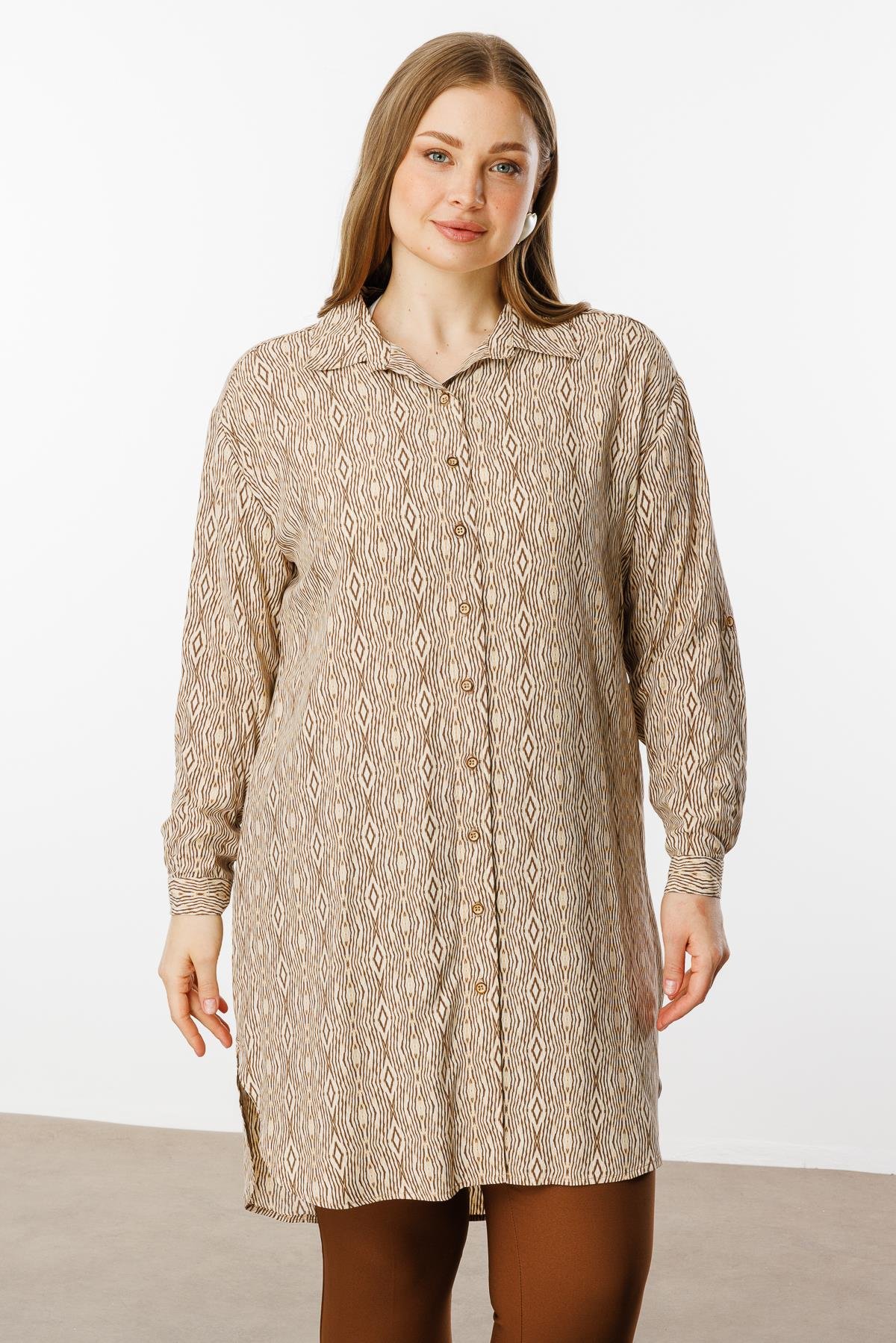 Modailgi  Emprime Desenli Uzun Tunik Bej