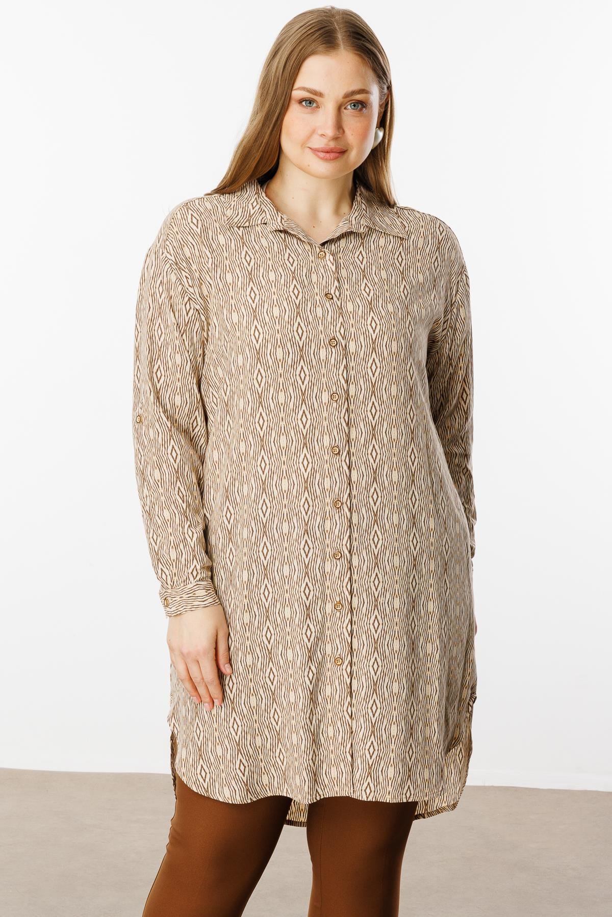 Modailgi  Emprime Desenli Uzun Tunik Bej