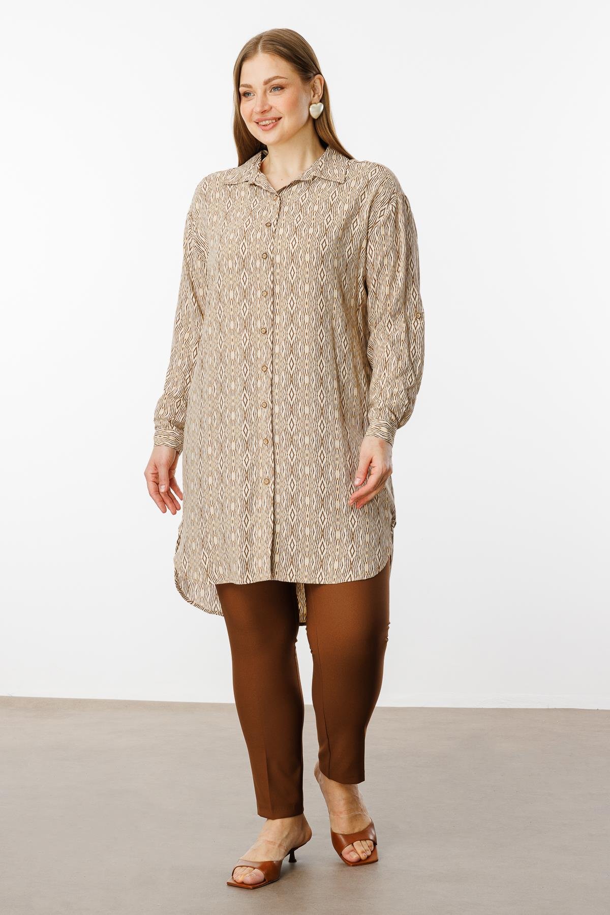 Modailgi  Emprime Desenli Uzun Tunik Bej