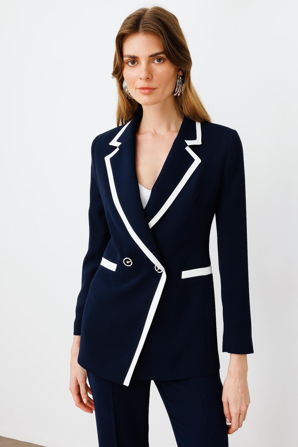 Modailgi  Enkürüsteli Kruvaze Ceket Lacivert