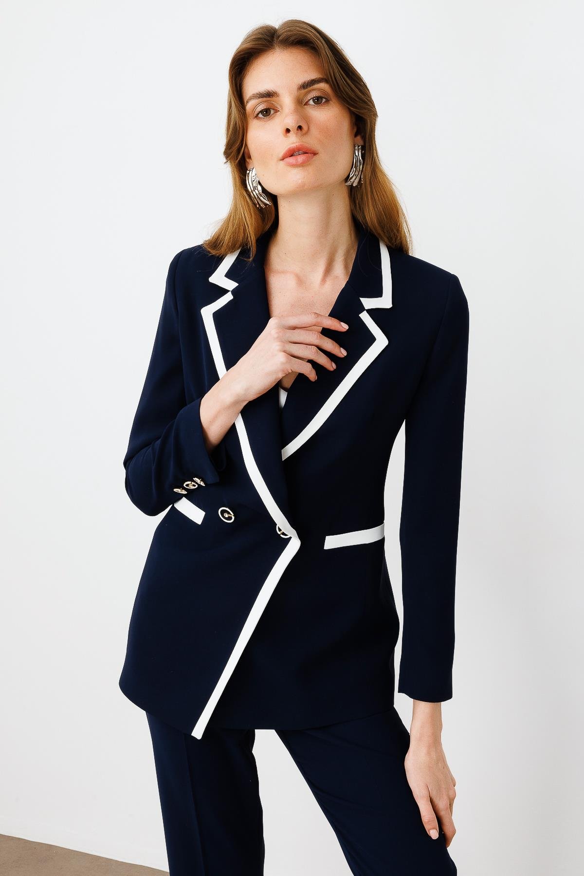 Modailgi  Enkürüsteli Kruvaze Ceket Lacivert