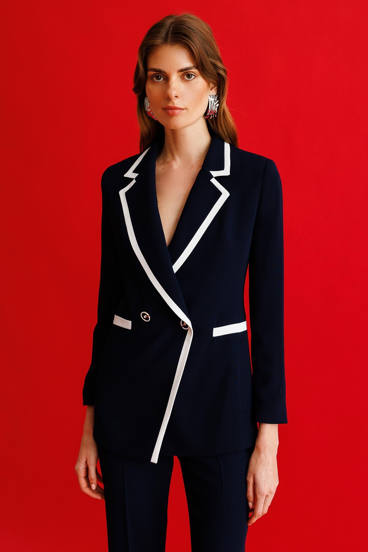 Modailgi  Enkürüsteli Kruvaze Ceket Lacivert