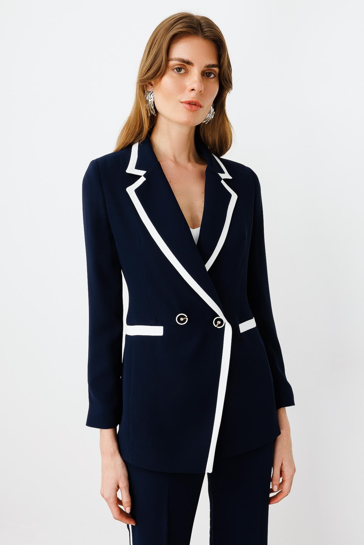Modailgi  Enkürüsteli Kruvaze Ceket Lacivert