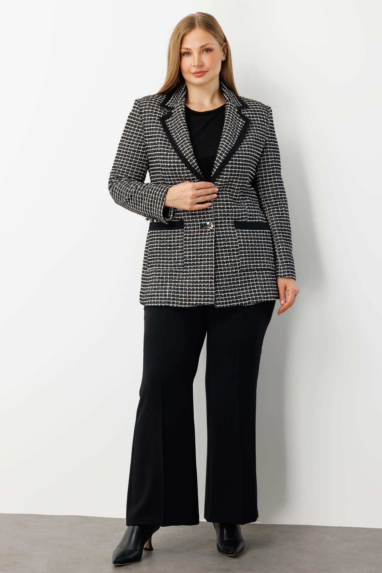 Modailgi  Enküstreli Mono Yaka Twit Kumaş Ceket SİYAH-BEYAZ