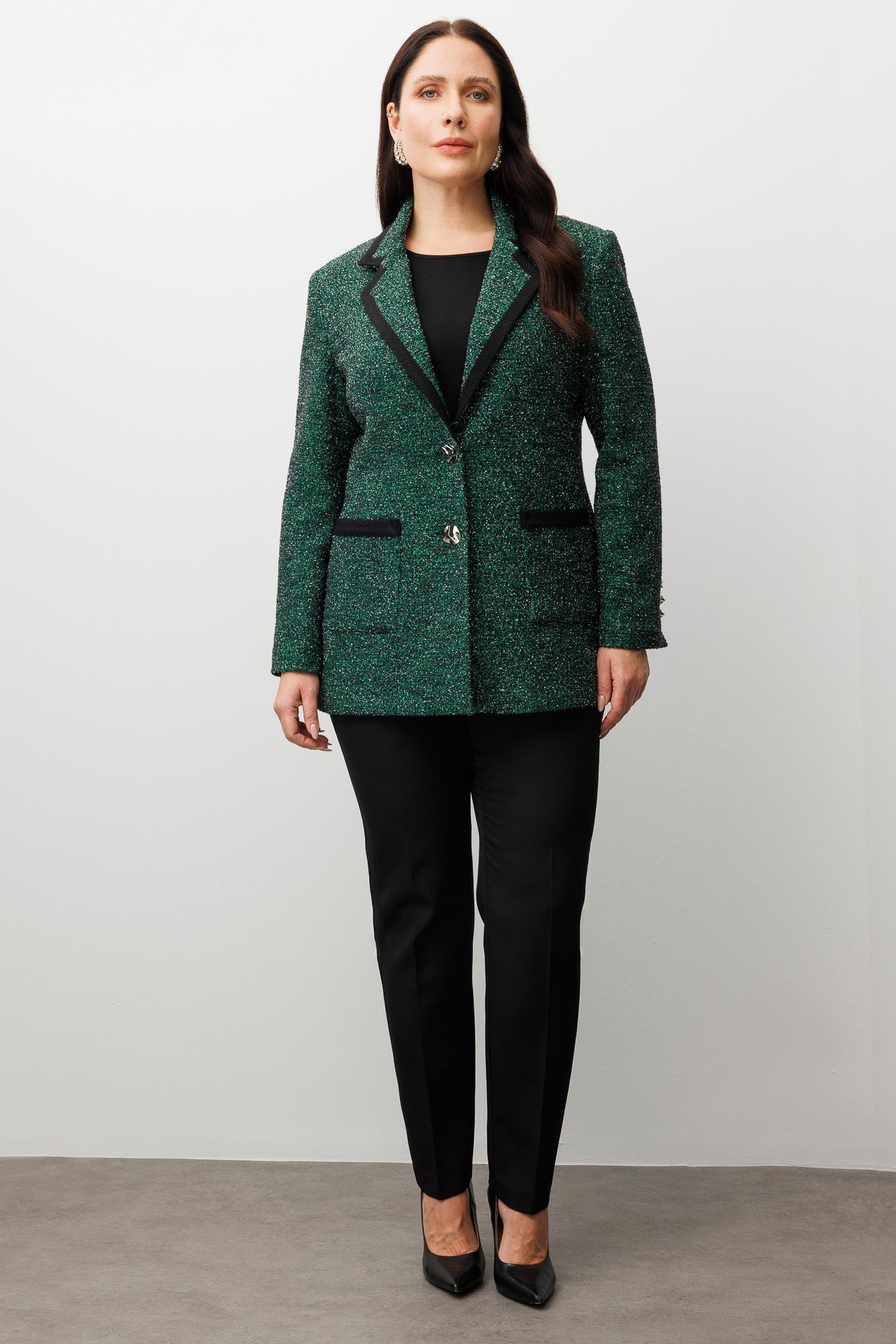 Modailgi  Enküstreli Mono Yaka Twit Kumaş Ceket SİYAH-YEŞİL