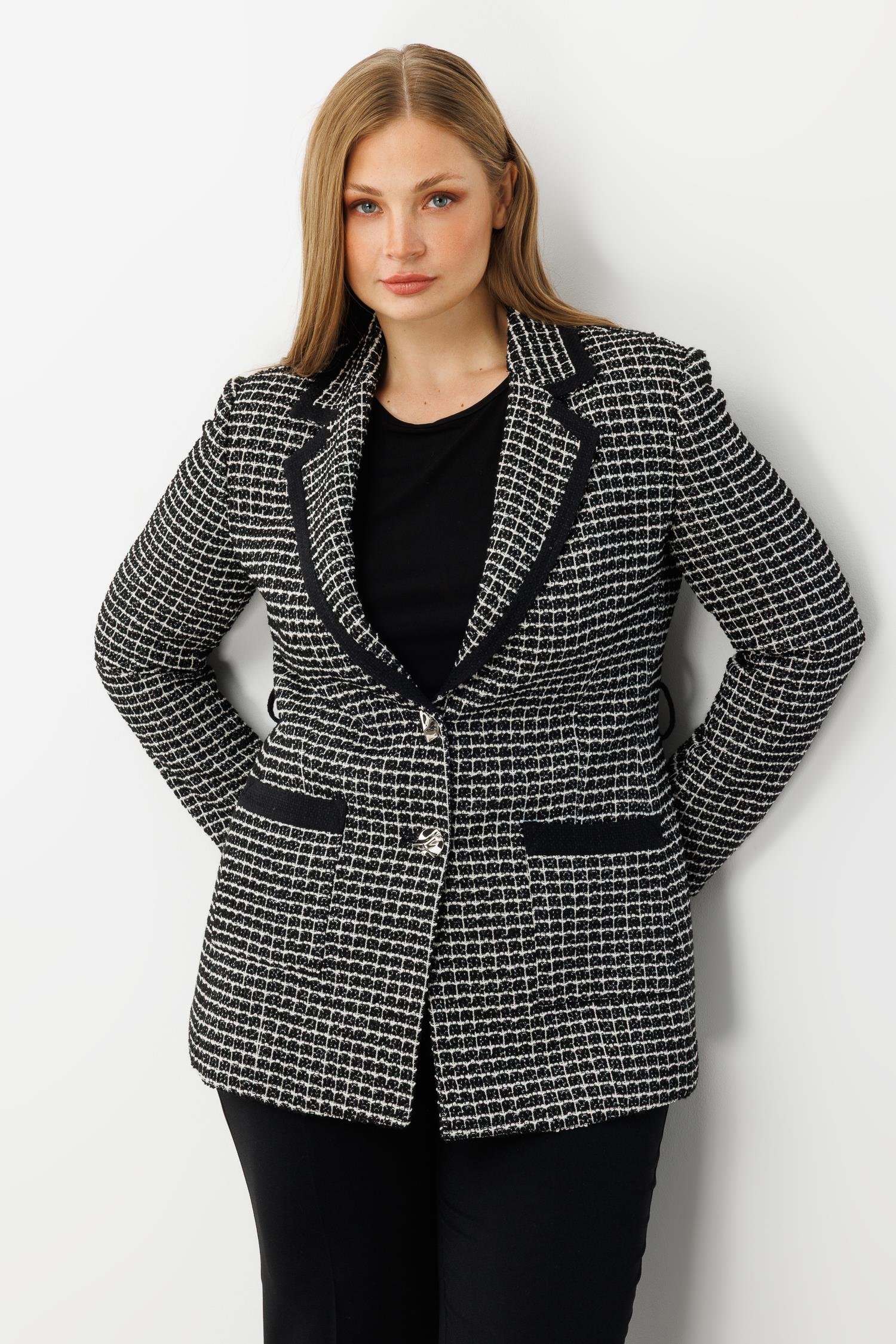 Modailgi  Enküstreli Mono Yaka Twit Kumaş Ceket SİYAH-BEYAZ