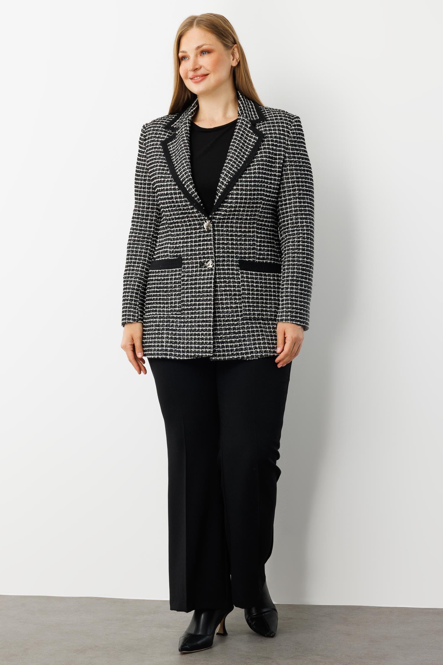 Modailgi  Enküstreli Mono Yaka Twit Kumaş Ceket SİYAH-BEYAZ