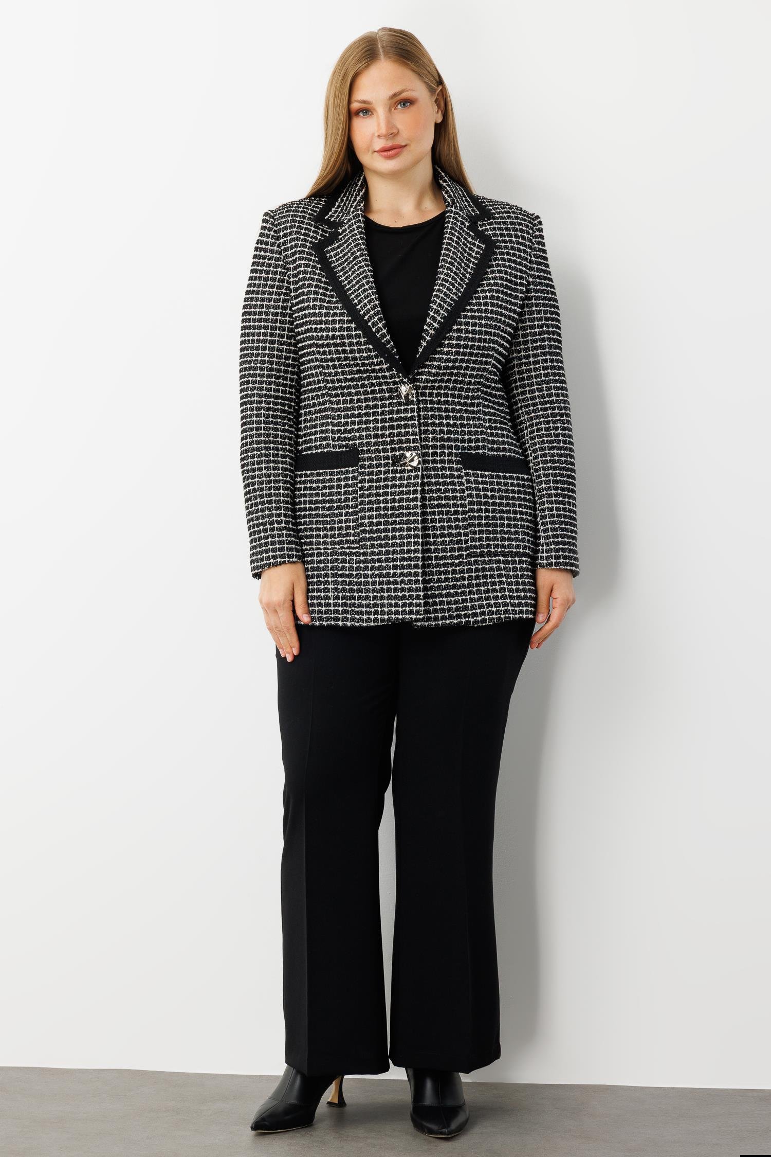 Modailgi  Enküstreli Mono Yaka Twit Kumaş Ceket SİYAH-BEYAZ