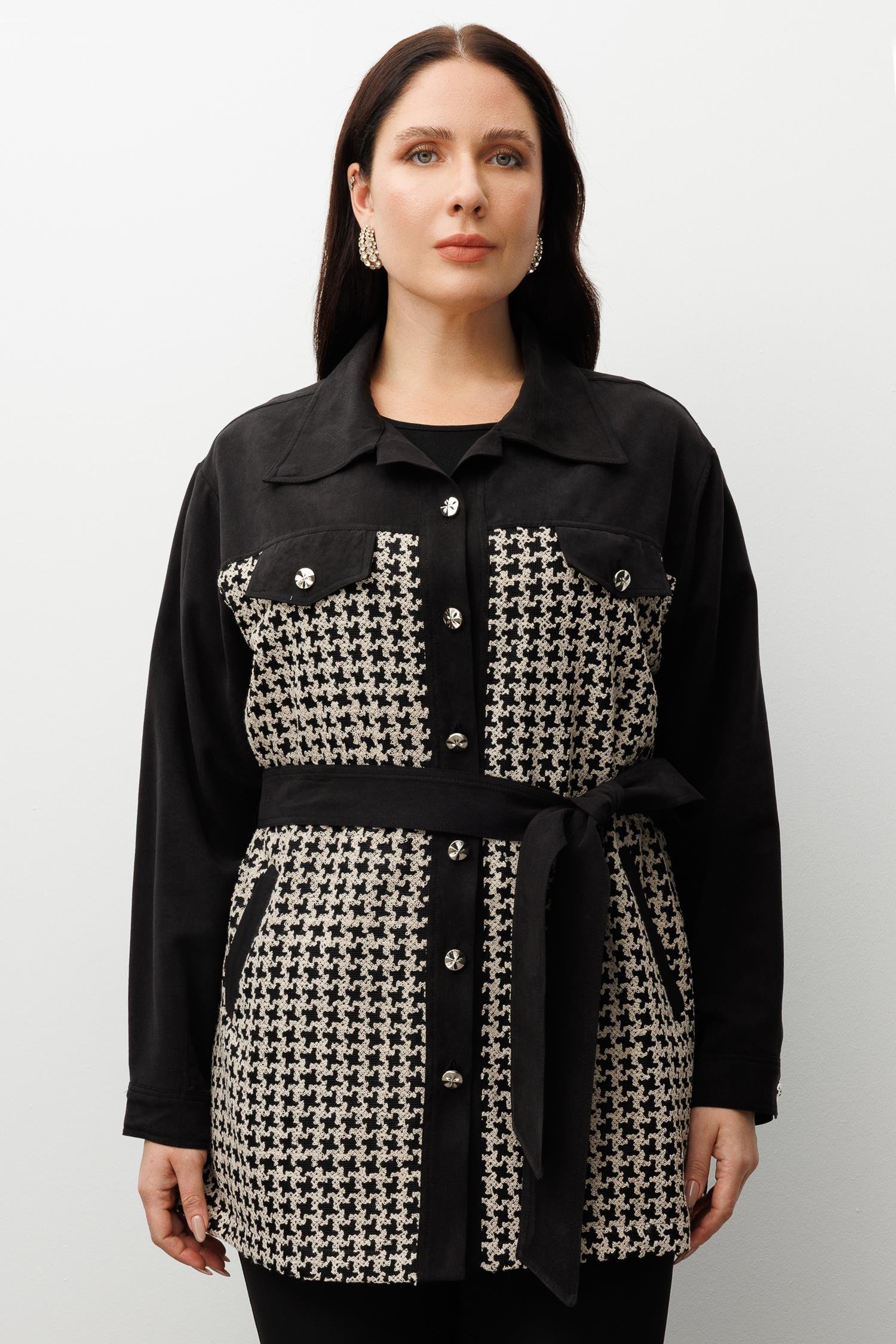 Modailgi  Erkek Yaka Nakışlı Kazayağı Desen Beli Kuşaklı Tunik Siyah