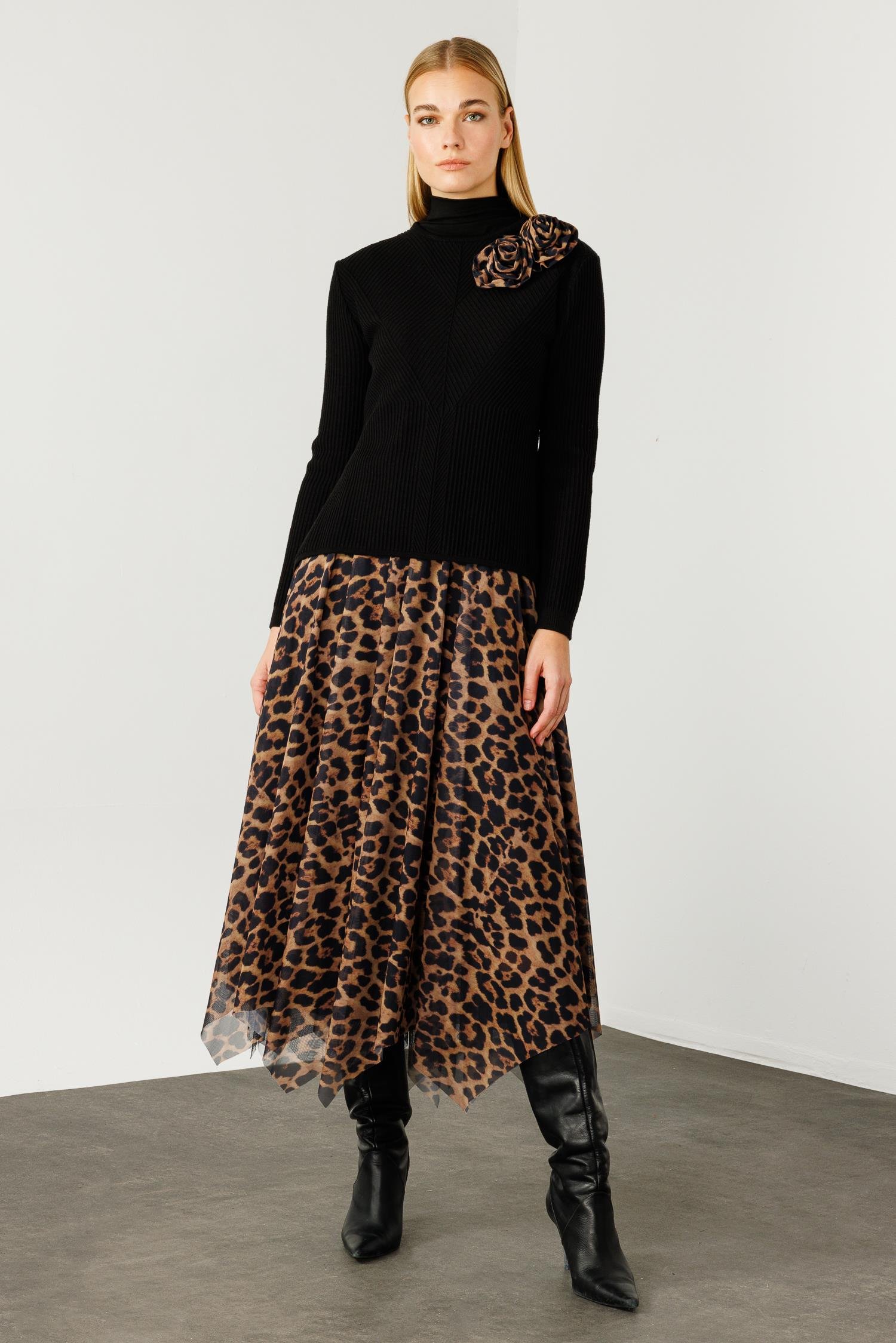 Modailgi  Eteği Asimetrik Leopar Desenli Trikolu Elbise Vizon