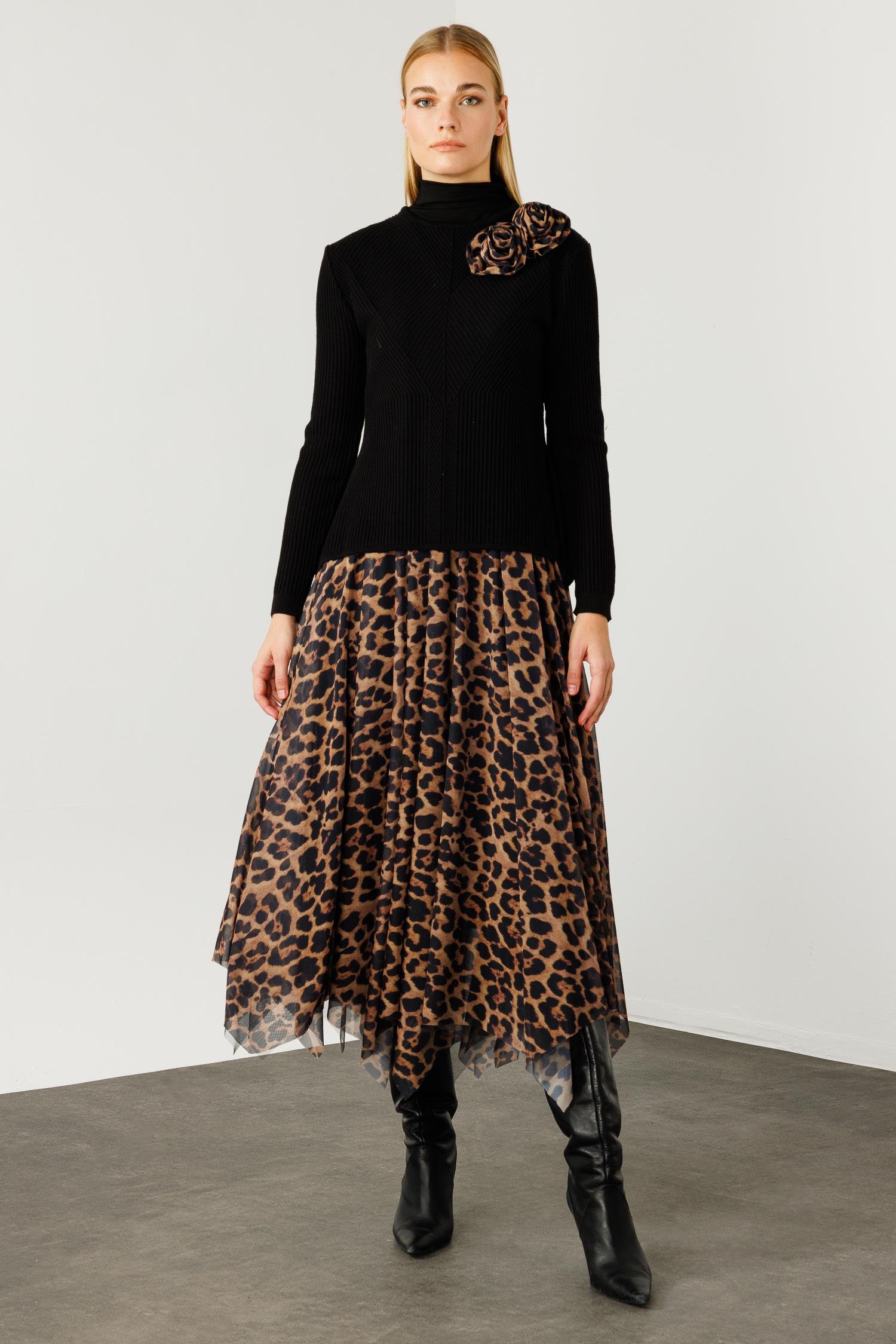 Modailgi  Eteği Asimetrik Leopar Desenli Trikolu Elbise Vizon