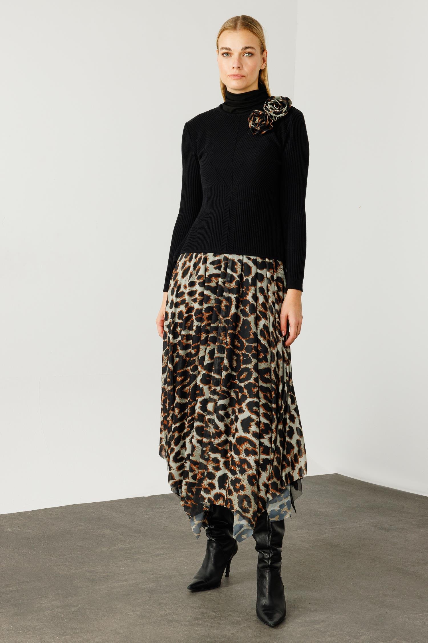 Modailgi  Eteği Asimetrik Leopar Desenli Trikolu Elbise Taba