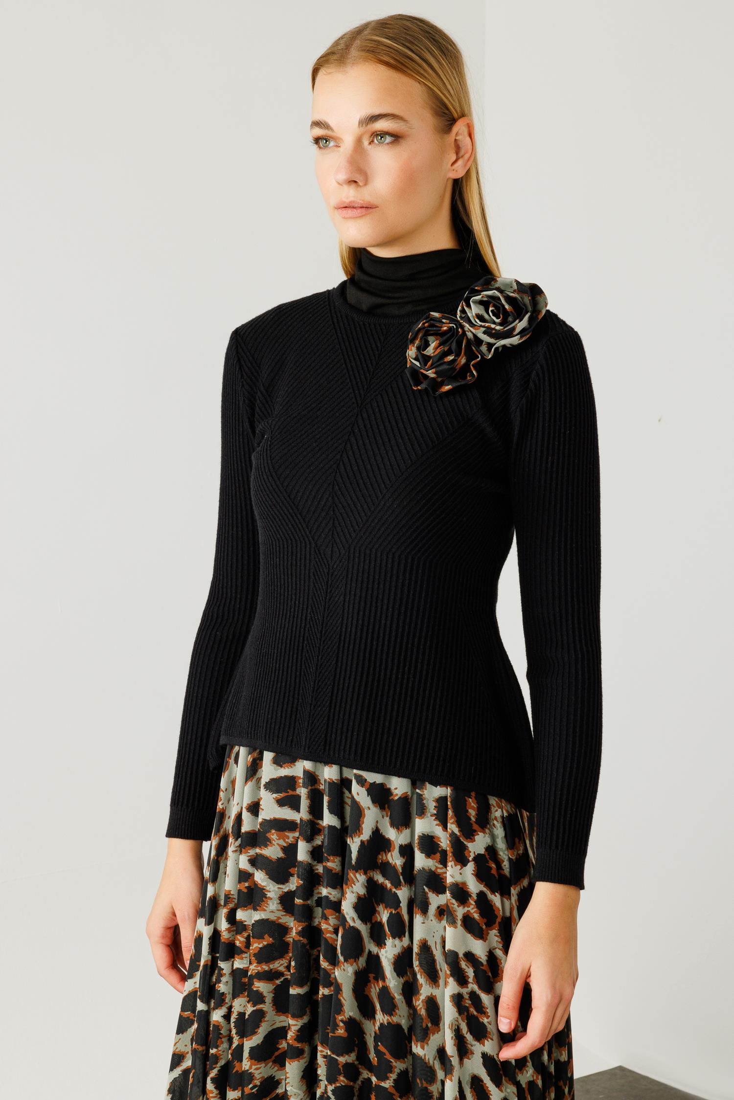 Modailgi  Eteği Asimetrik Leopar Desenli Trikolu Elbise Taba