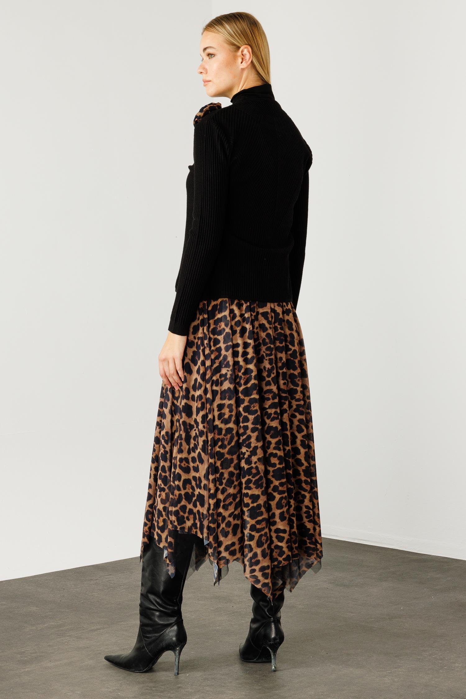 Modailgi  Eteği Asimetrik Leopar Desenli Trikolu Elbise Vizon