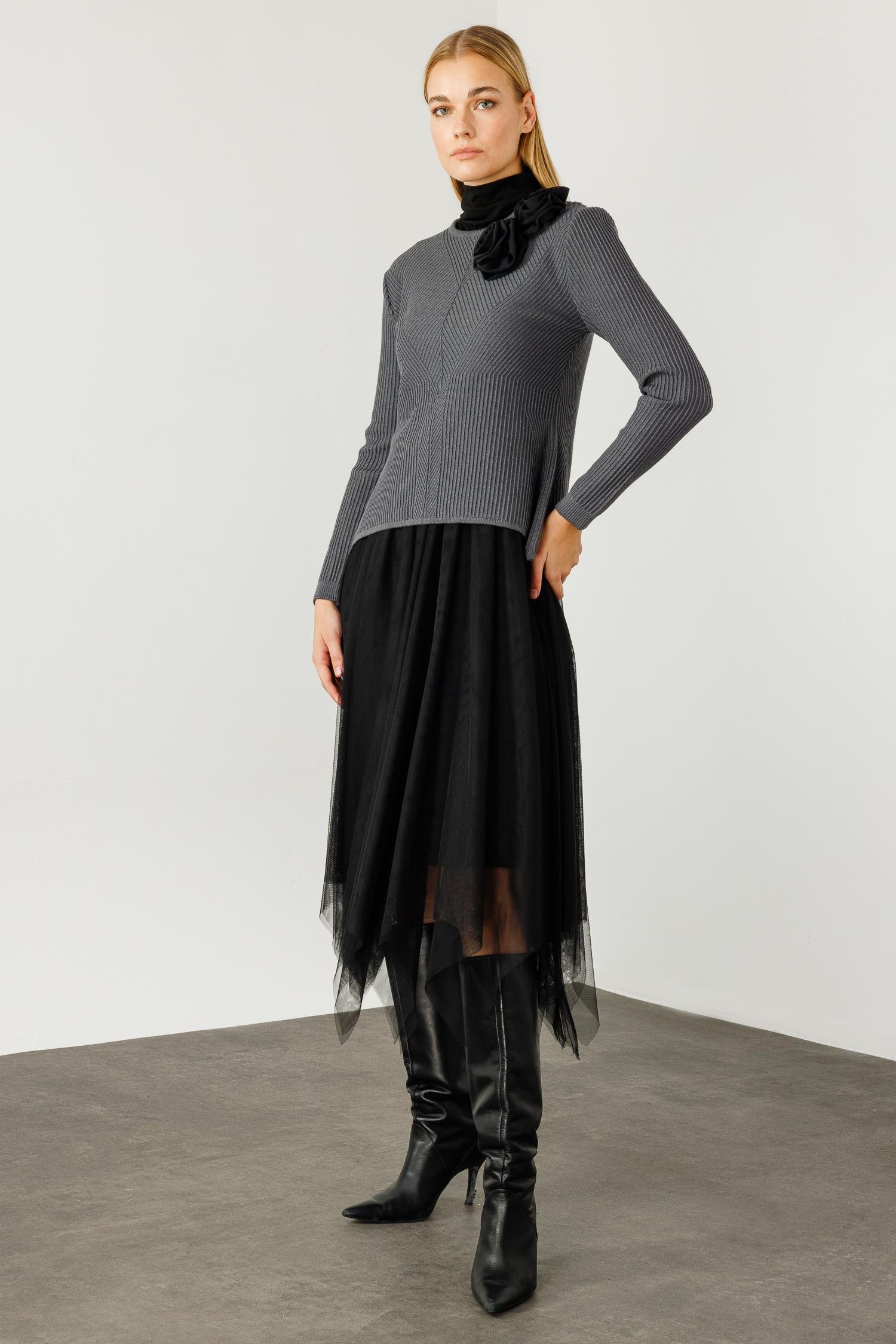 Modailgi  Eteği Asimetrik Tüllü Trikolu Elbise Gri