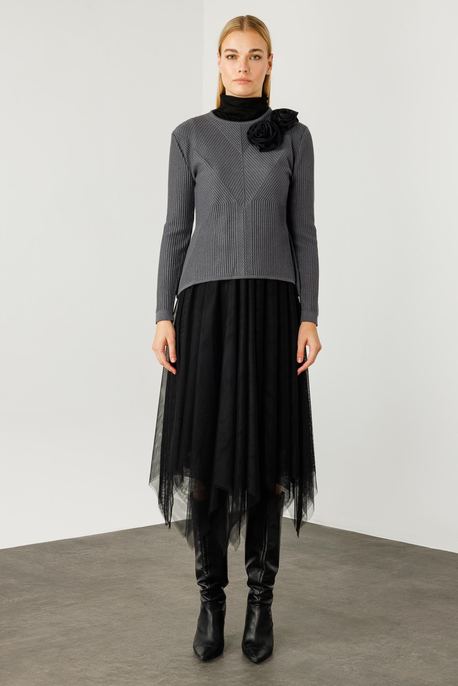 Modailgi  Eteği Asimetrik Tüllü Trikolu Elbise Gri