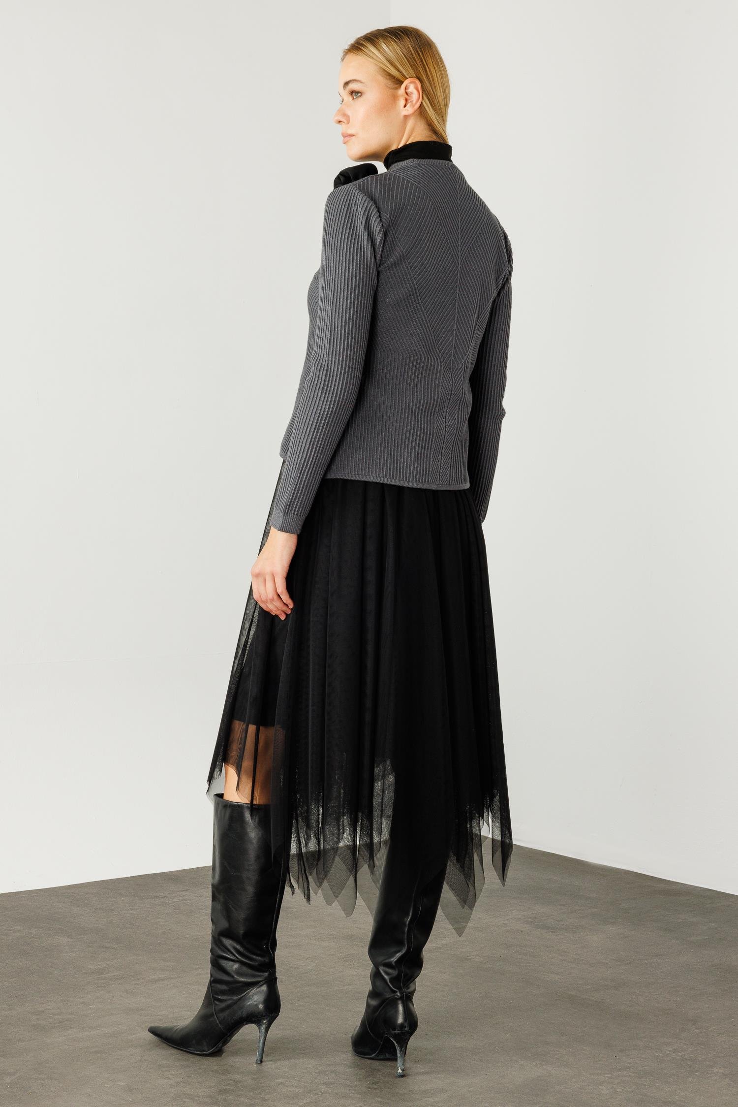 Modailgi  Eteği Asimetrik Tüllü Trikolu Elbise Gri