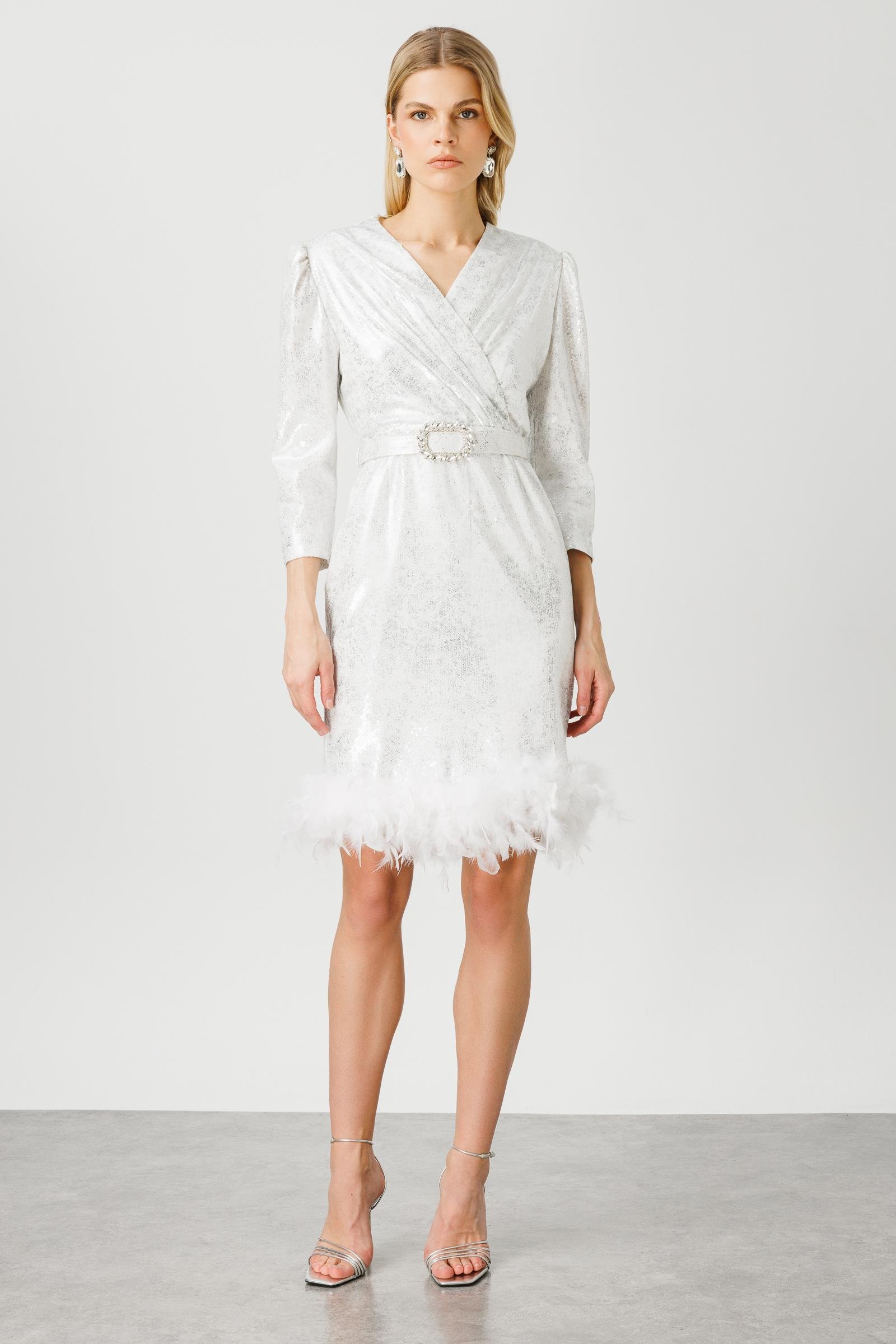 Modailgi  Eteği Otrişli Kısa Payet Elbise Ekru