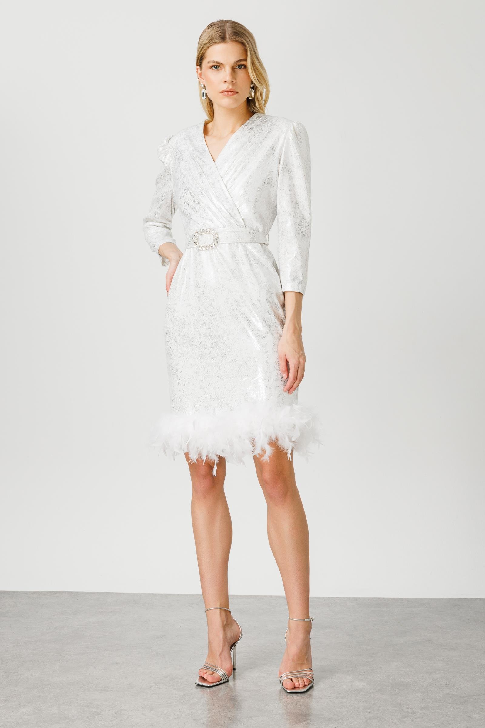 Modailgi  Eteği Otrişli Kısa Payet Elbise Ekru