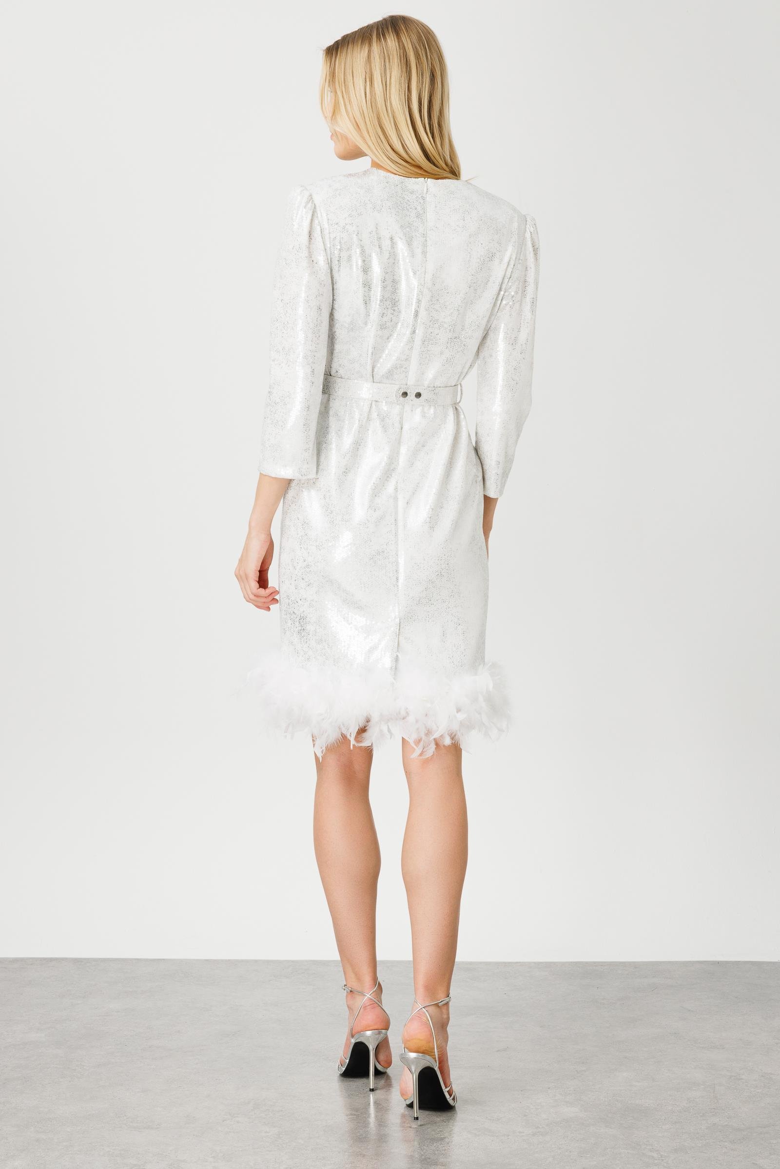 Modailgi  Eteği Otrişli Kısa Payet Elbise Ekru