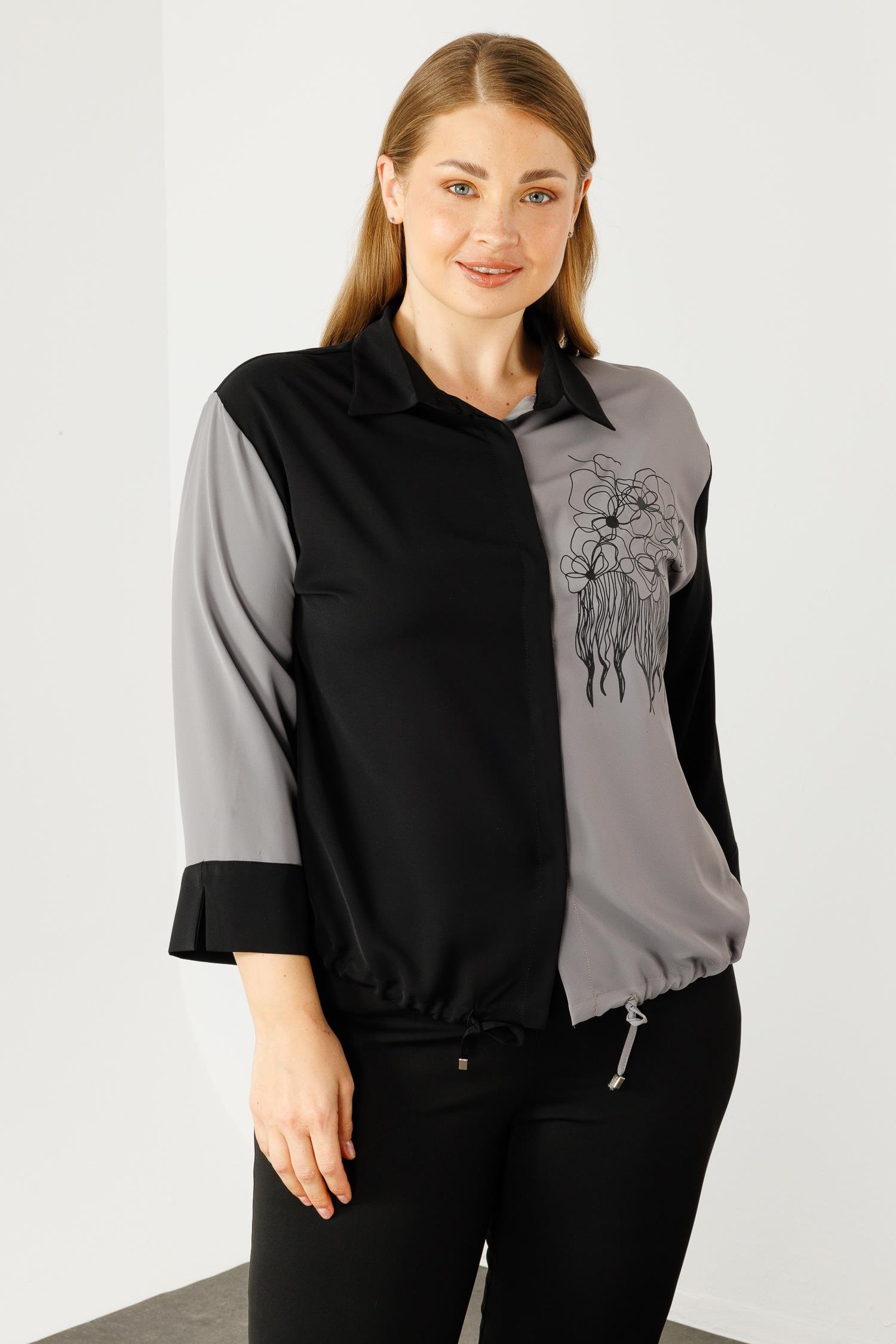 Modailgi  Etek Ucu Büzgülü Çiçek Baskılı Bluz Gri