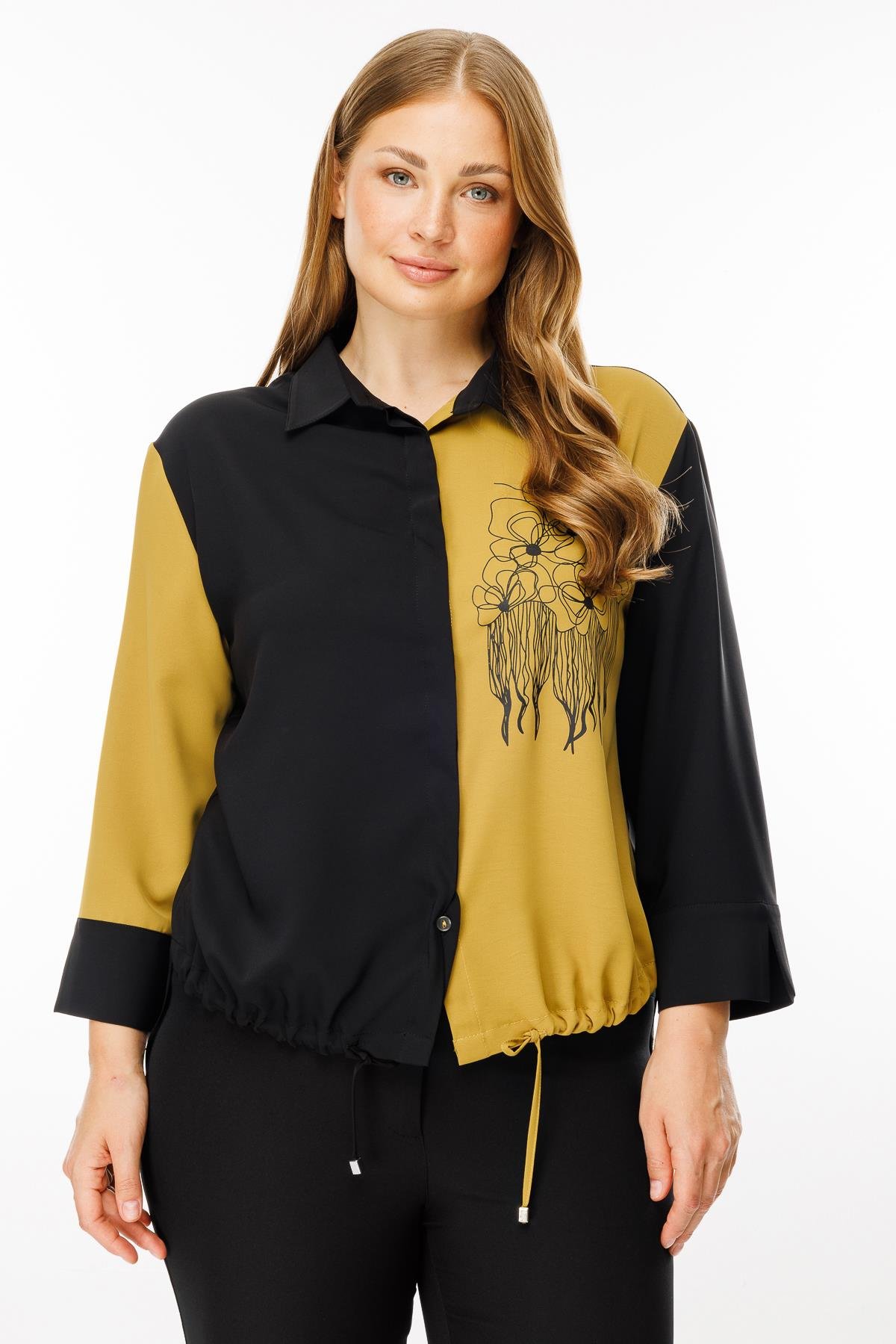 Modailgi  Etek Ucu Büzgülü Çiçek Baskılı Bluz Olive