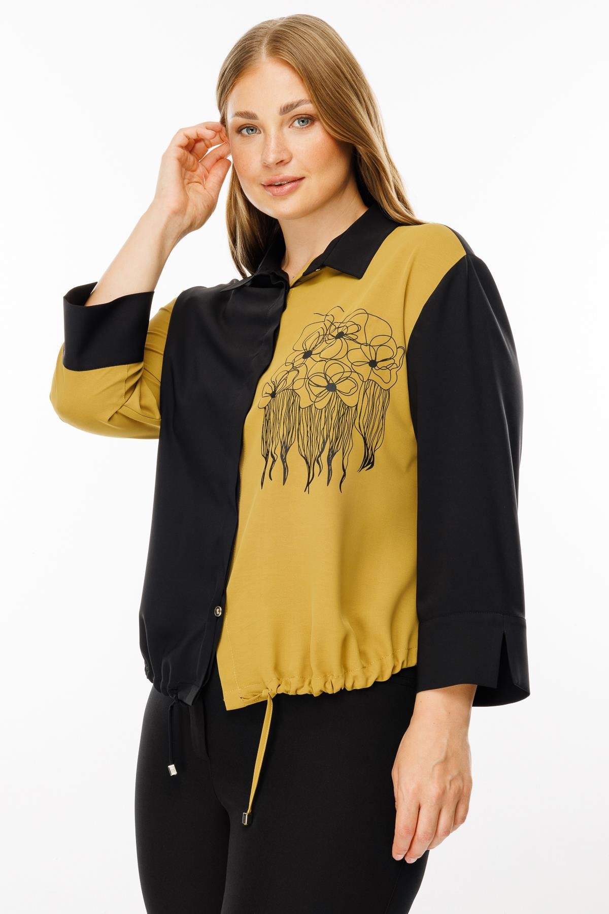 Modailgi  Etek Ucu Büzgülü Çiçek Baskılı Bluz Olive