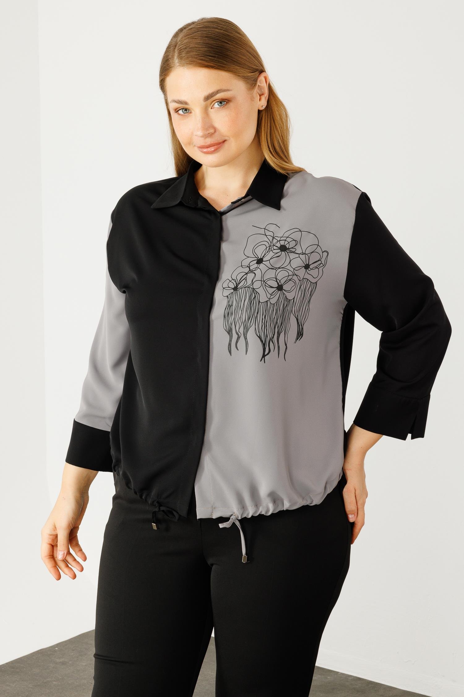 Modailgi  Etek Ucu Büzgülü Çiçek Baskılı Bluz Gri