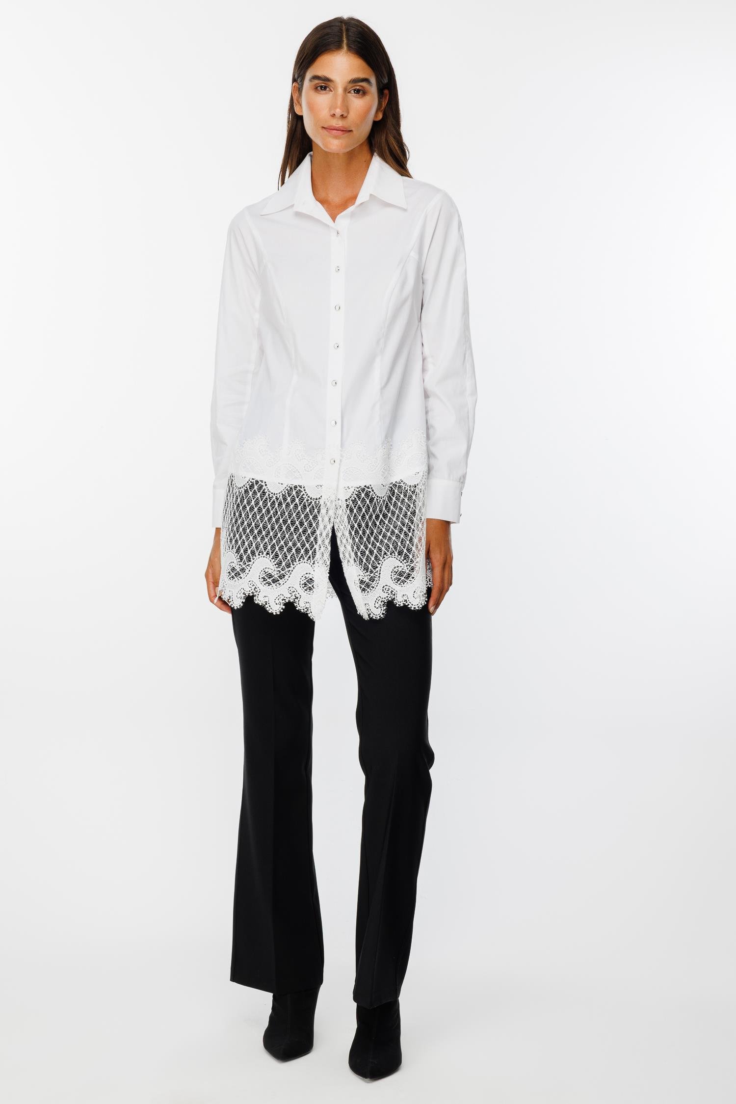 Modailgi  Etek Ucu Dantel İşlemeli Koton Gömlek Beyaz