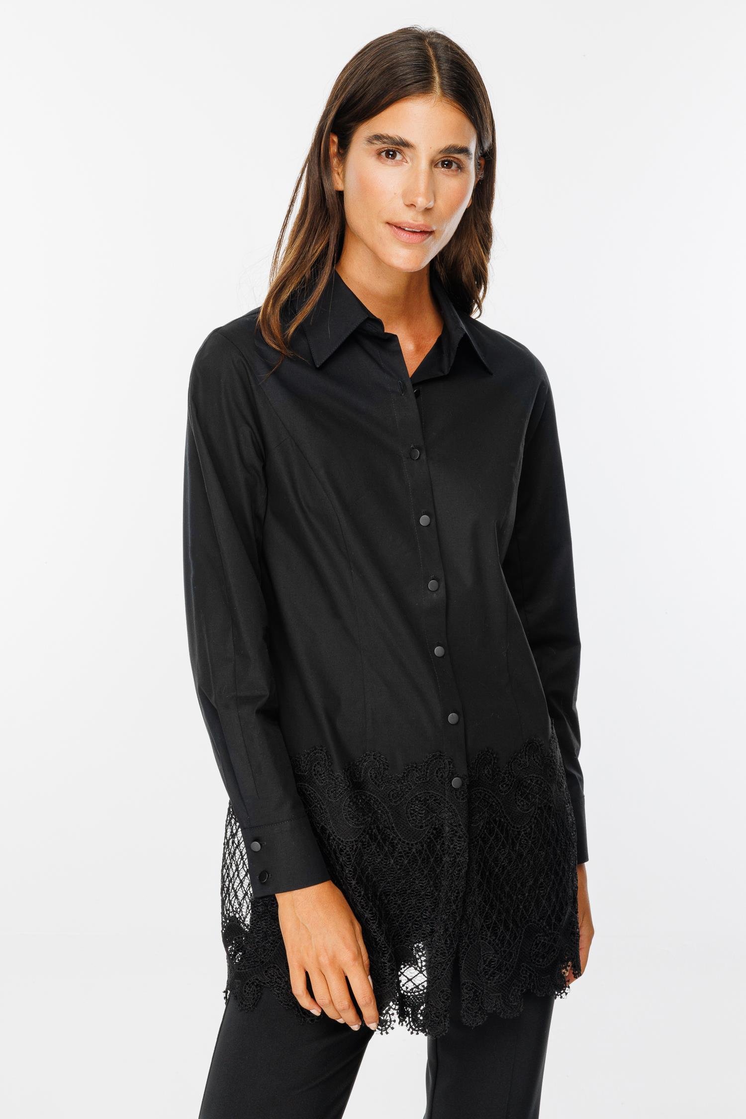Modailgi  Etek Ucu Dantel İşlemeli Koton Gömlek Siyah