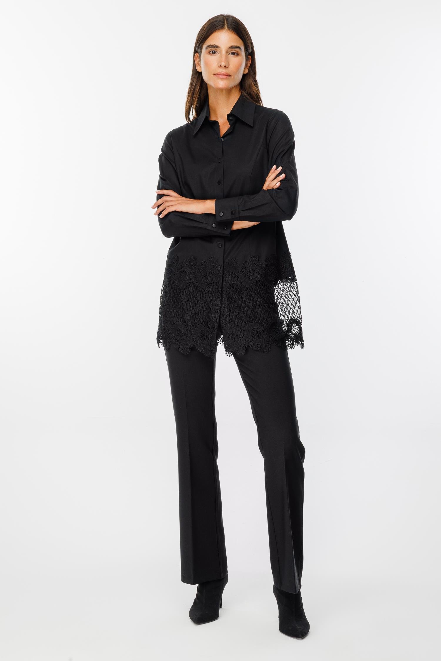 Modailgi  Etek Ucu Dantel İşlemeli Koton Gömlek Siyah