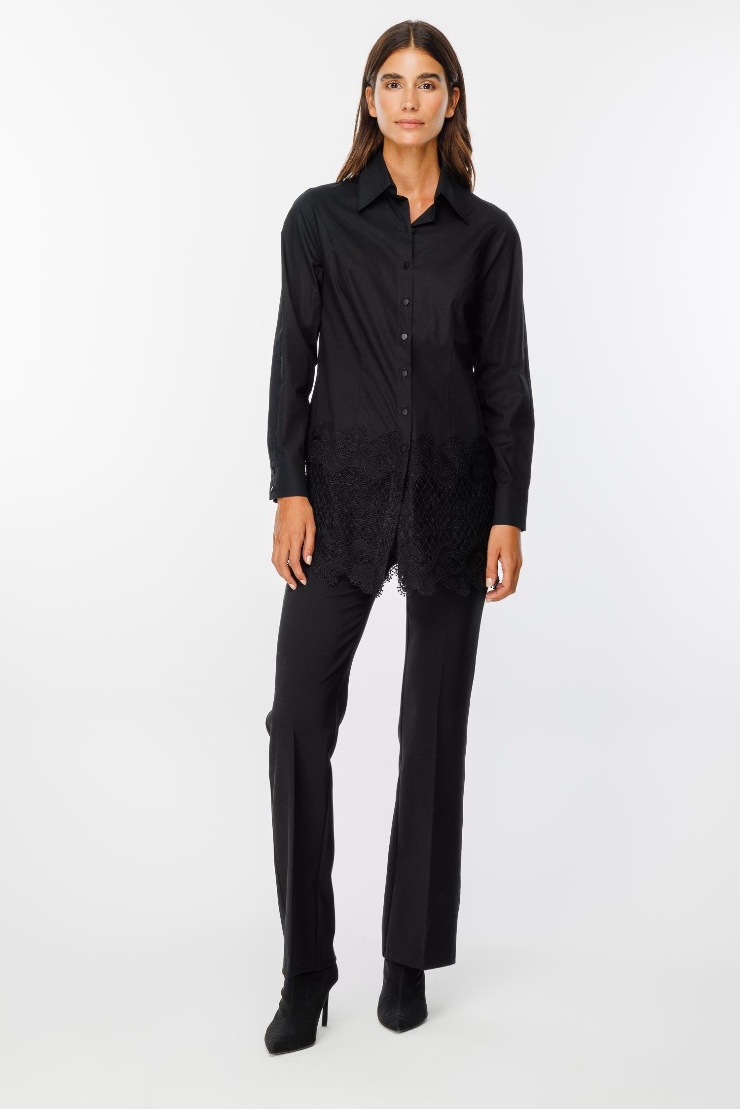 Modailgi  Etek Ucu Dantel İşlemeli Koton Gömlek Siyah