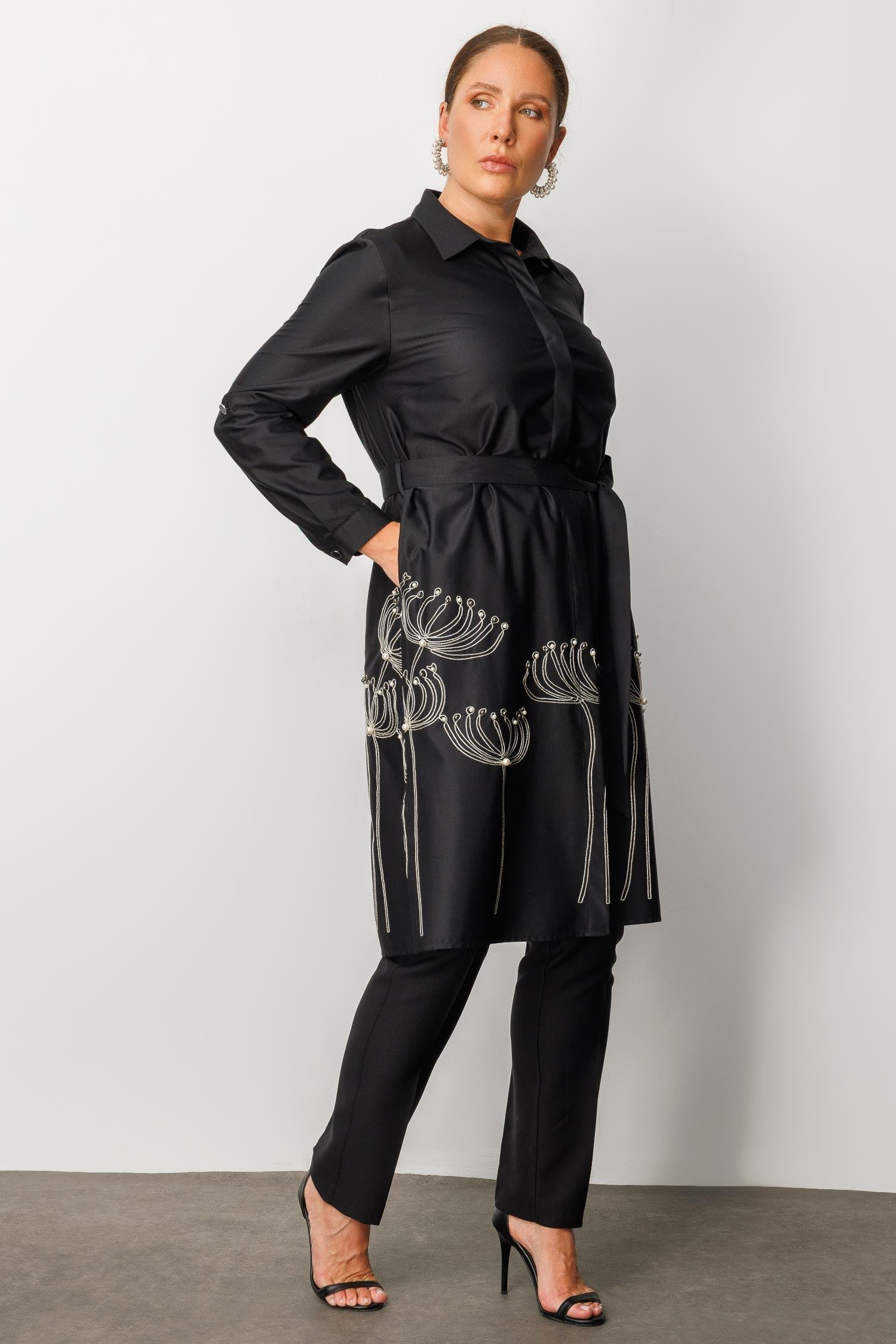 Modailgi  Etek Ucu Nakış İnci İşlemeli Kuşaklı Tunik Orijinal