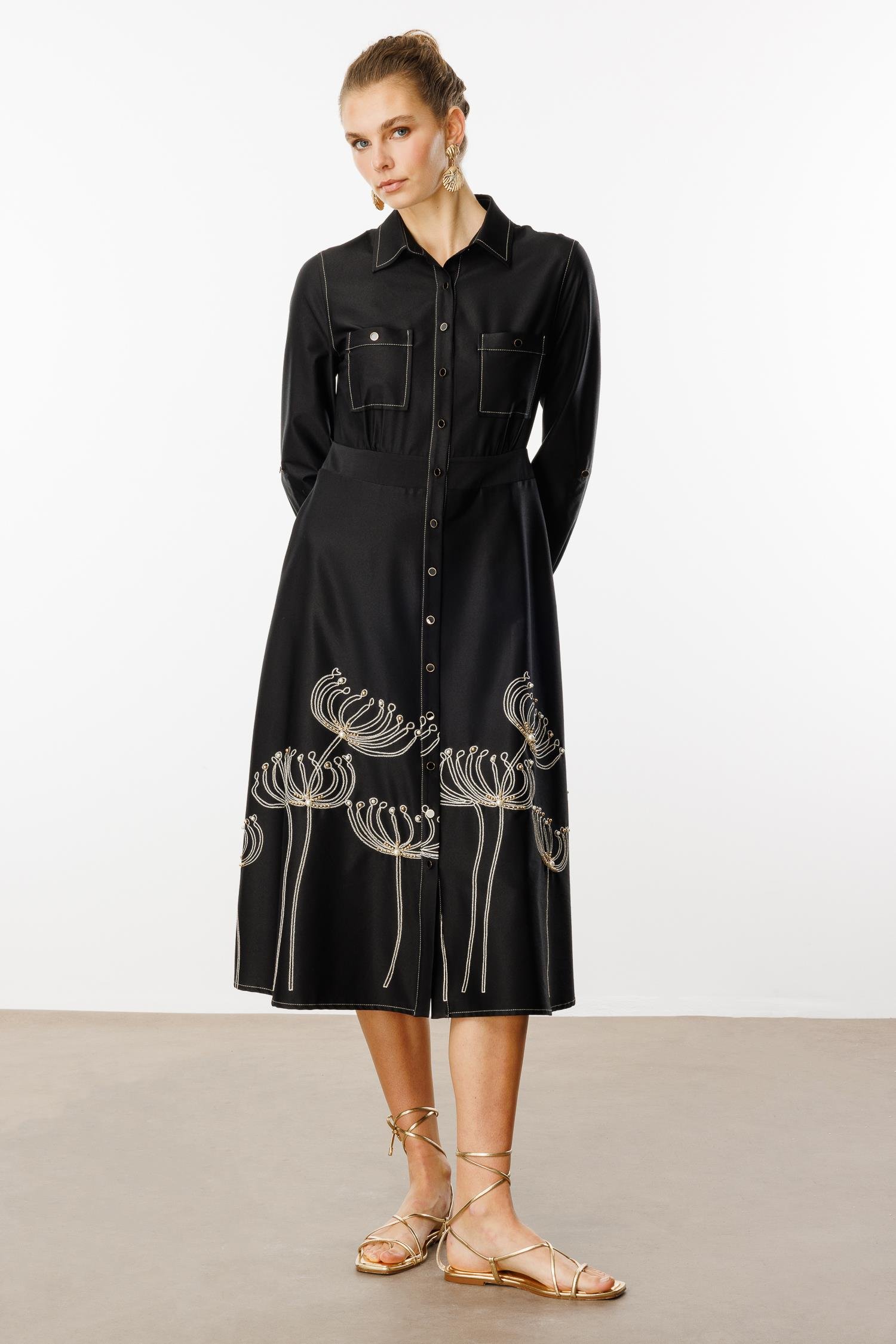 Modailgi  Etek Ucu Nakış İnci İşlemeli Cepli Elbise Orijinal