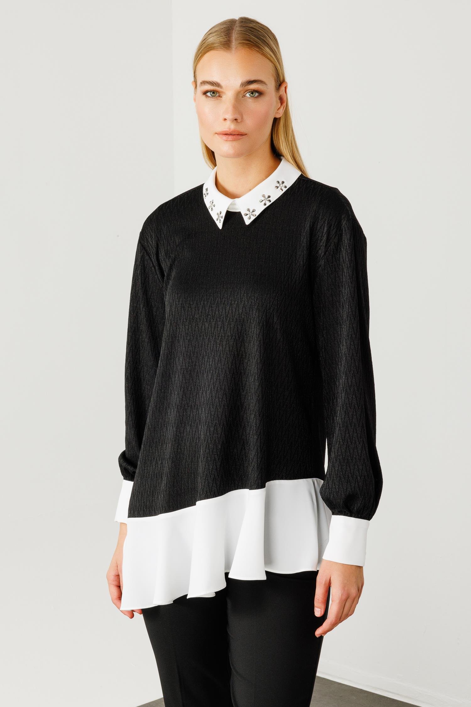 Modailgi  Etek Ucu Volanlı Erkek Yaka Tunik Siyah