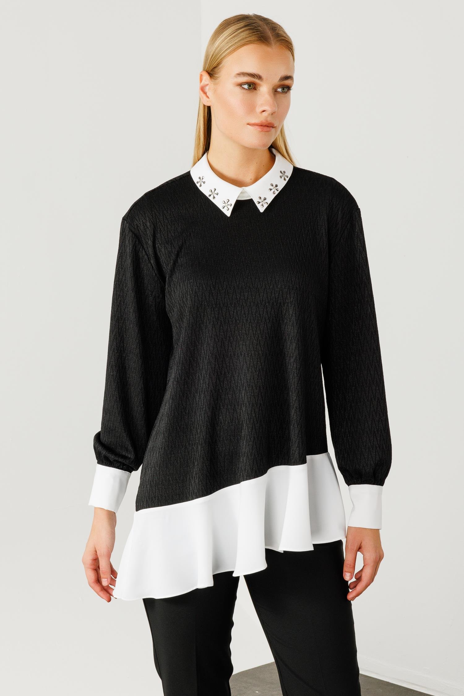 Modailgi  Etek Ucu Volanlı Erkek Yaka Tunik Siyah