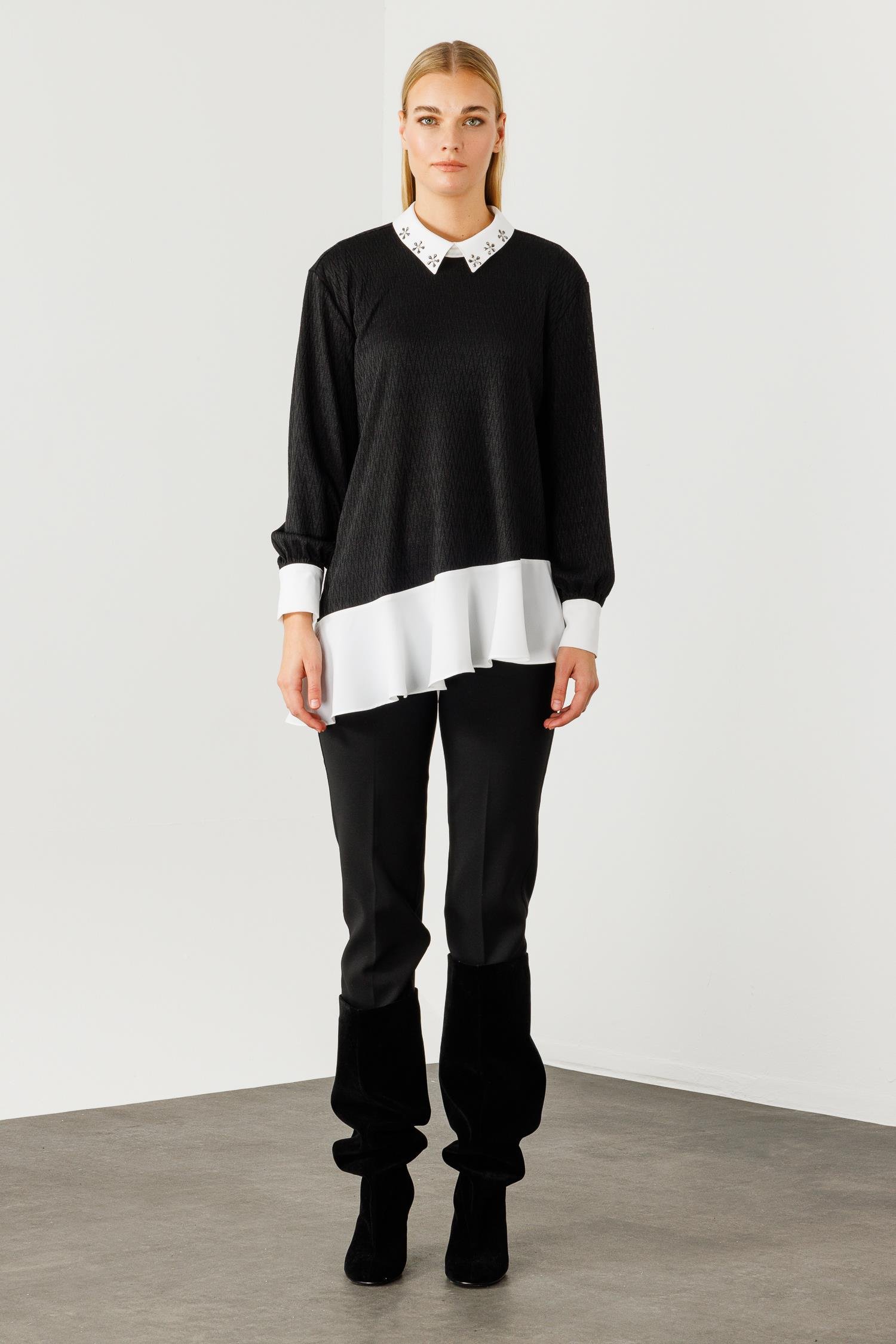 Modailgi  Etek Ucu Volanlı Erkek Yaka Tunik Siyah