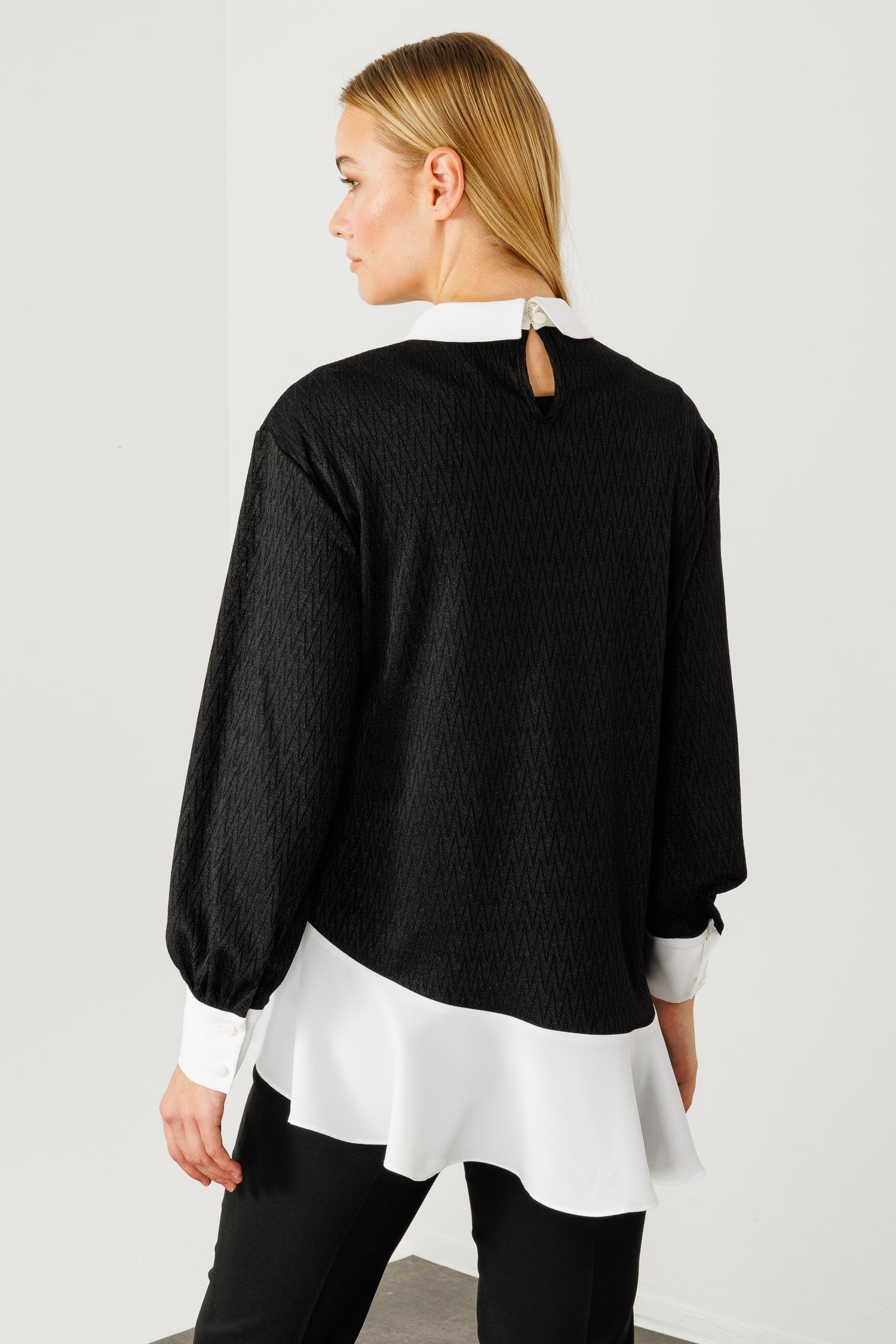 Modailgi  Etek Ucu Volanlı Erkek Yaka Tunik Siyah